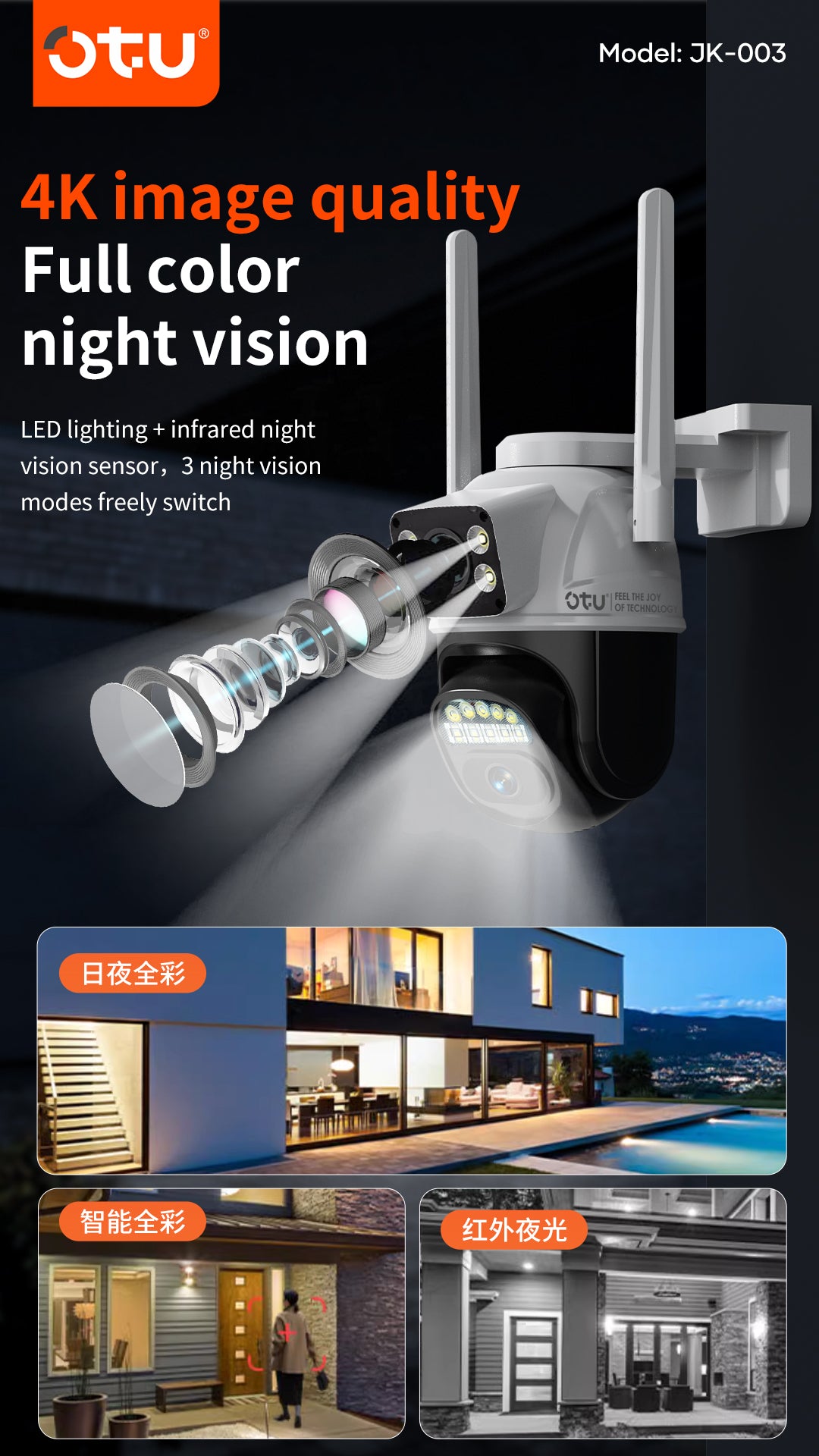 OTU JK003 4K Outdoor Security Camera, 360° PTZ with Color Night Vision, Human Tracking & Weatherproof