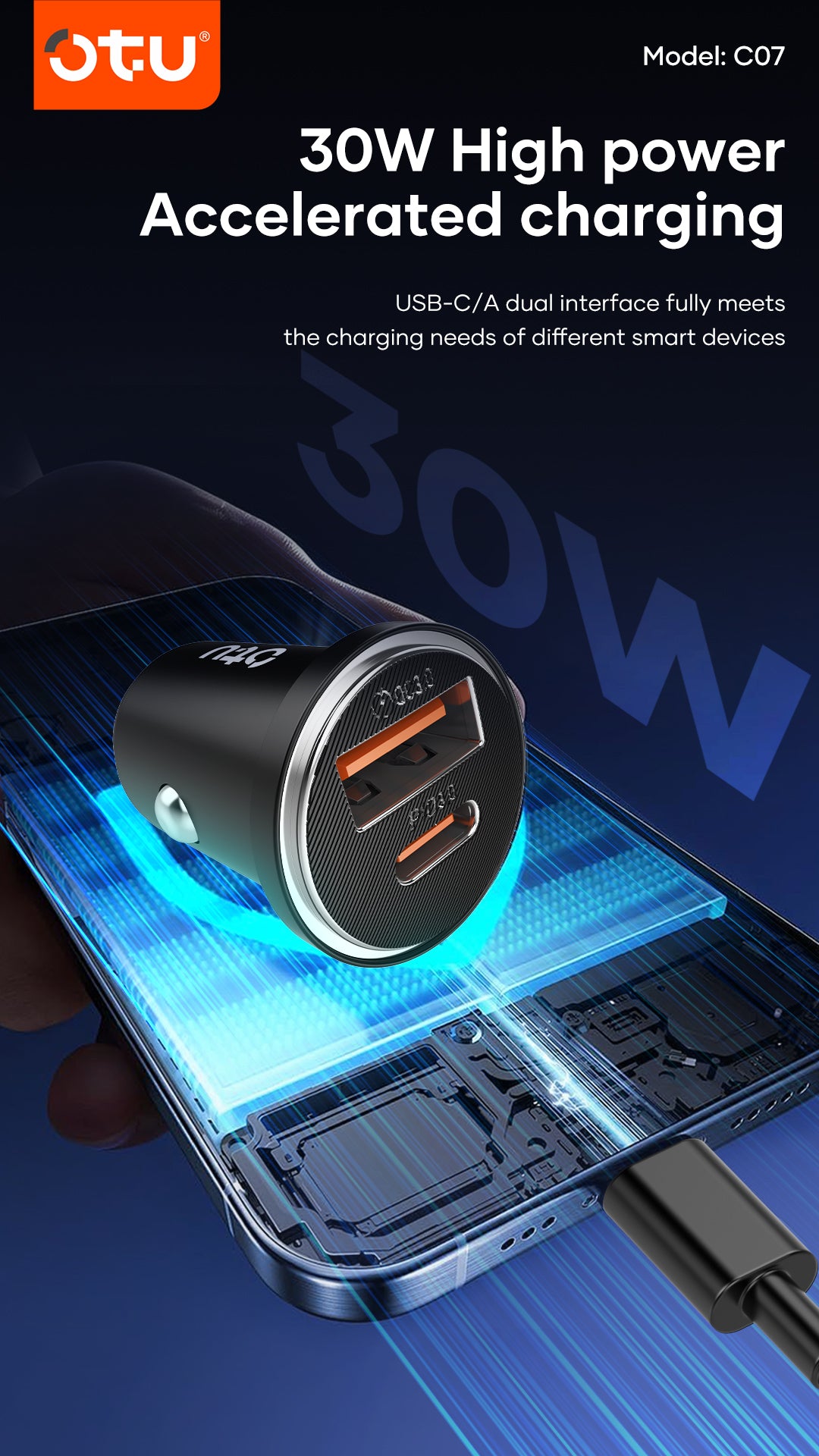 OTU CO7 30W Metal Car Charger – Dual Port USB C & USB A Fast Charger with Smart Chip for Cars & Trucks