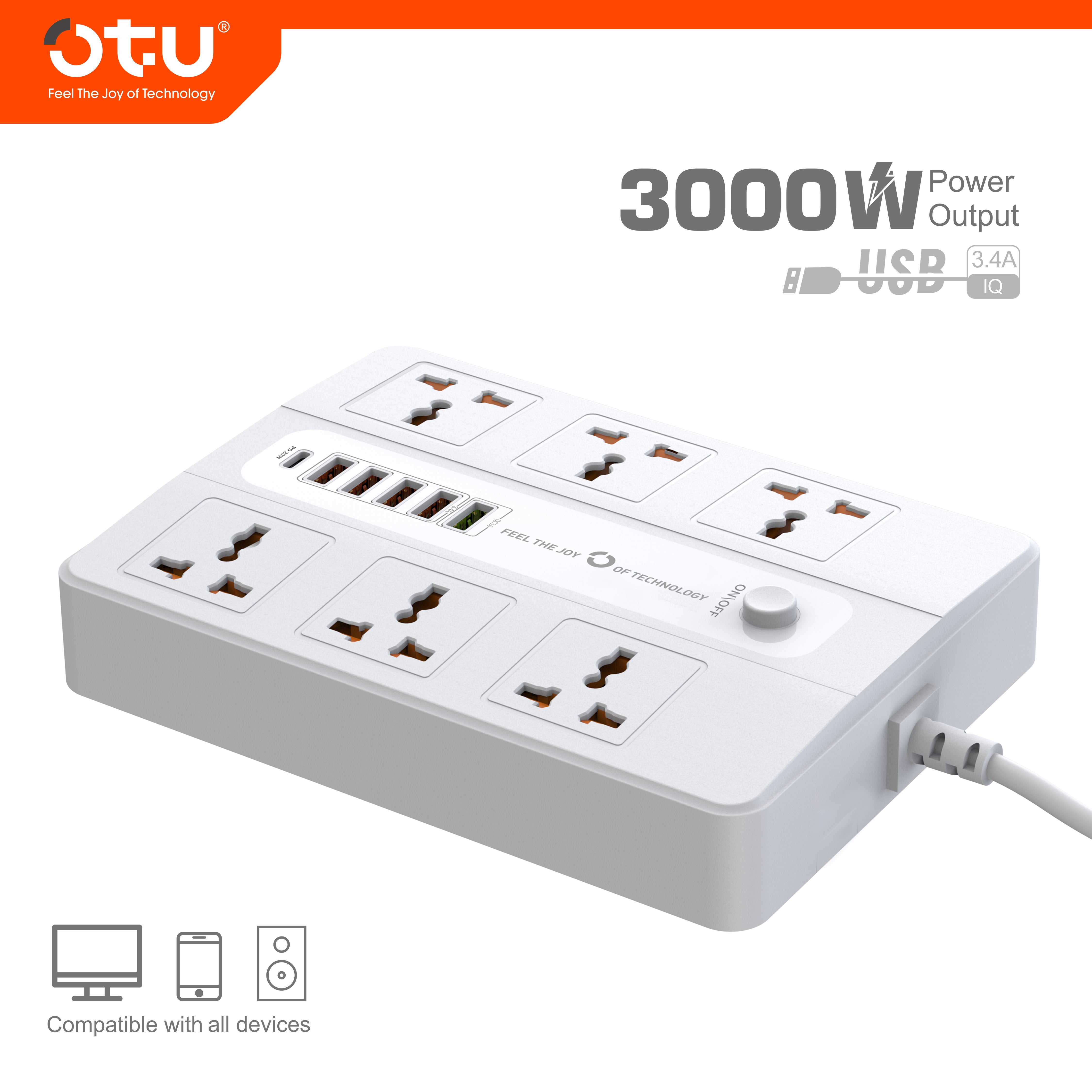 OTU BK04 Master Control Power Strip with 20W PD USB-C, Universal Outlets, Wide Spacing, 3000W for Desktop