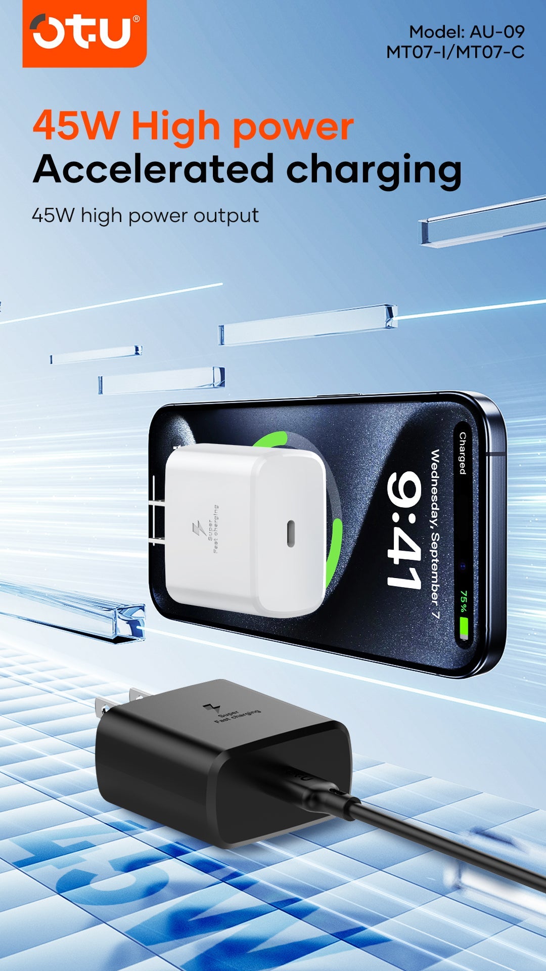 OTU AU09 45W PD Fast Charger Wall Plug - USB-C Power Adapter Block for iPhone 15/14/13, Samsung Galaxy, iPad, Huawei, Xiaomi & More | Super Fast Charging with TPE Cable Included