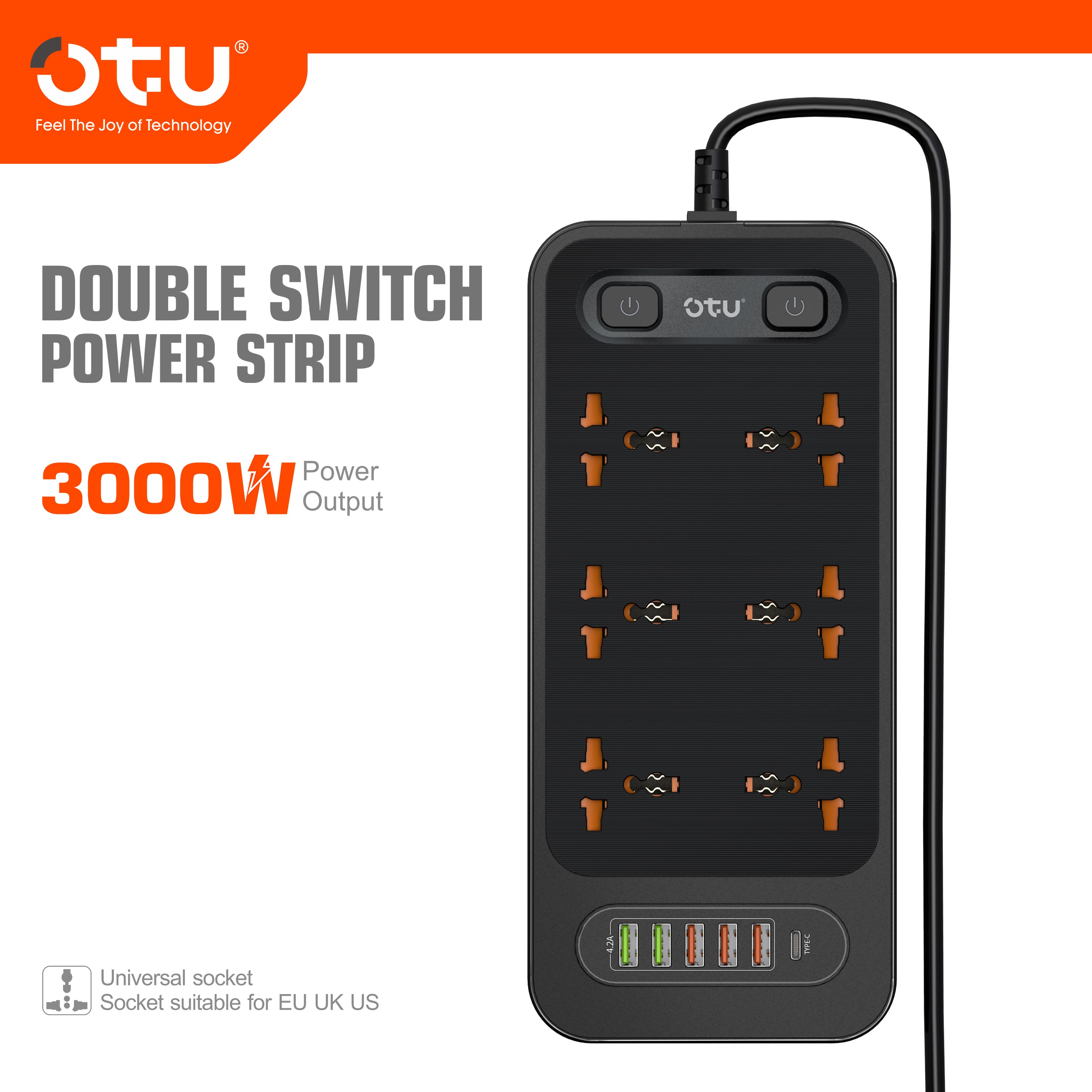 OTU BK03 3000W Power Strip with Double Safety Switch, Child-Proof Outlets, Surge & Fire Protection