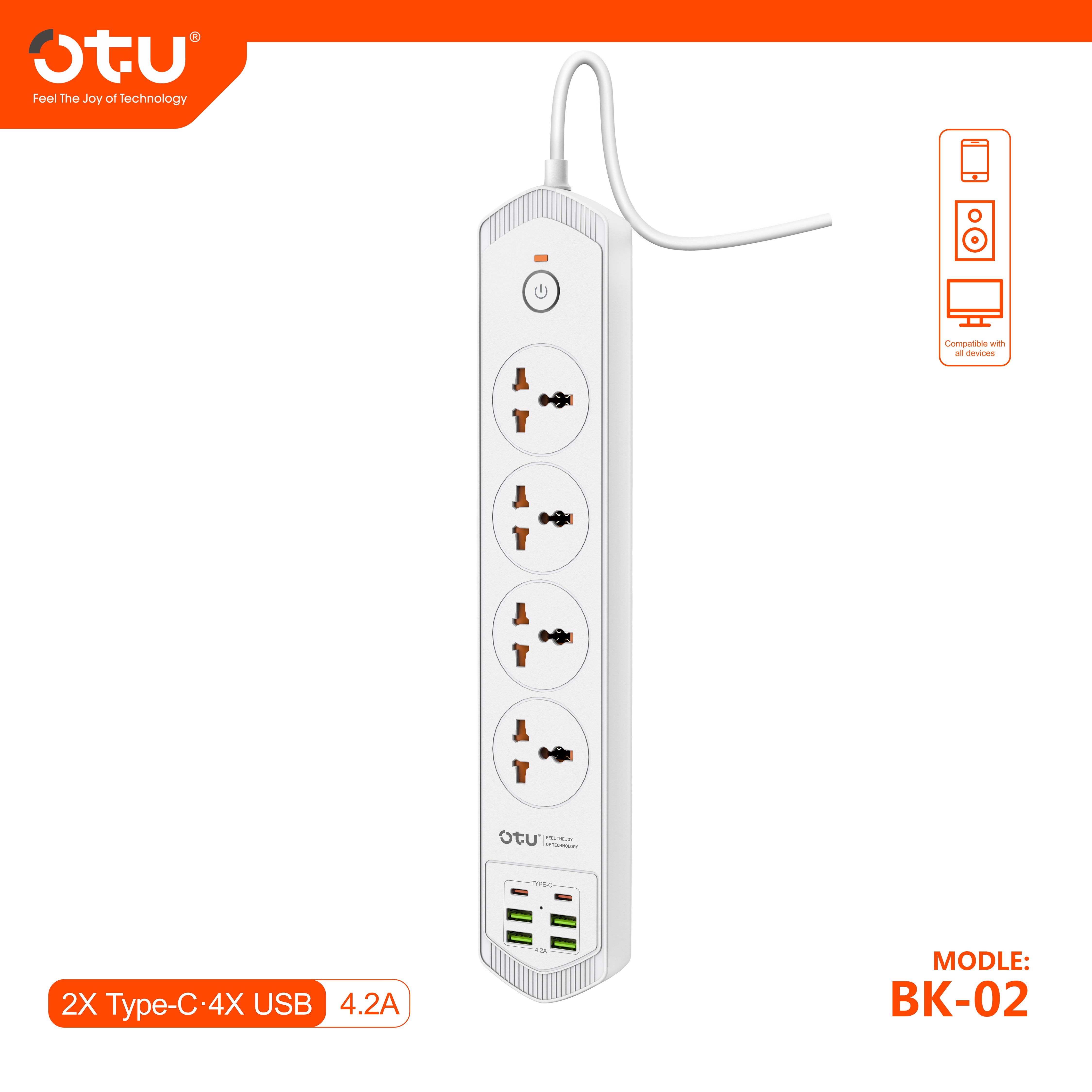 OTU BK02 3000W Power Strip with 2 USB-C PD Ports & 4 USB Ports, Universal International Outlet Travel Adapter