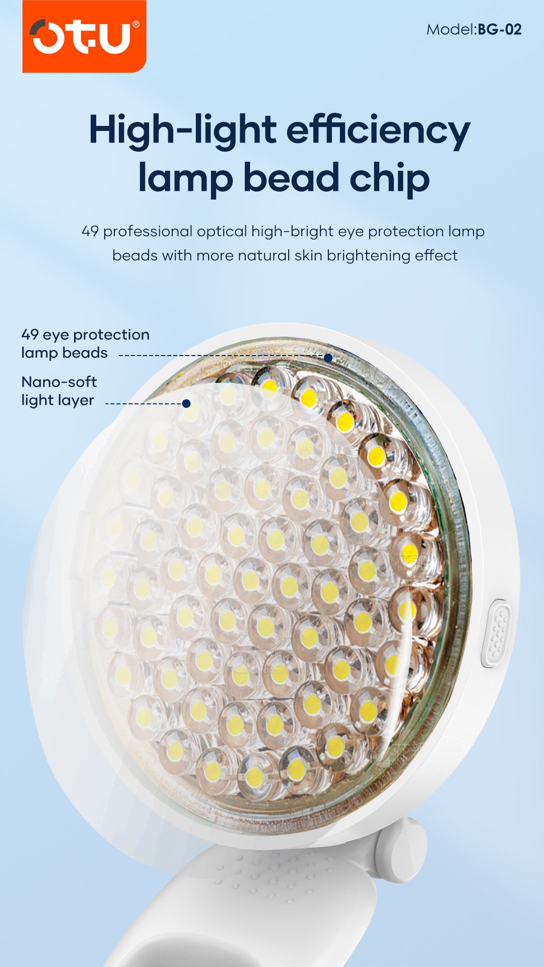 OTU BG02 2-in-1 Selfie Ring Light with Mirror - 49 LED Phone Fill Light, Adjustable Brightness & Color Temperature, Type-C Charging