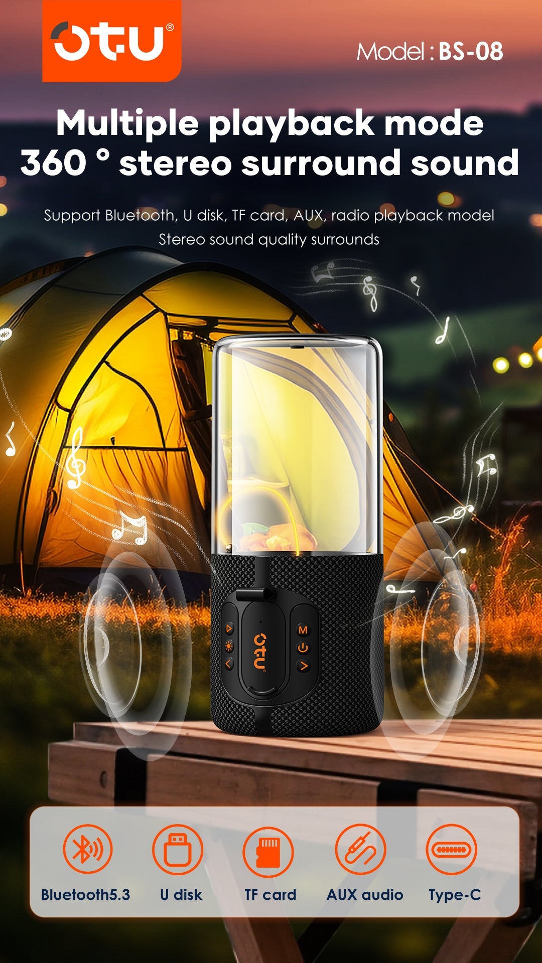 OTU BS-08 Bluetooth Speaker with Flowing LED Lights, 360° Stereo Sound, 10H Playtime, Bluetooth 5.3, Portable Wireless Speaker for iPhone/Android