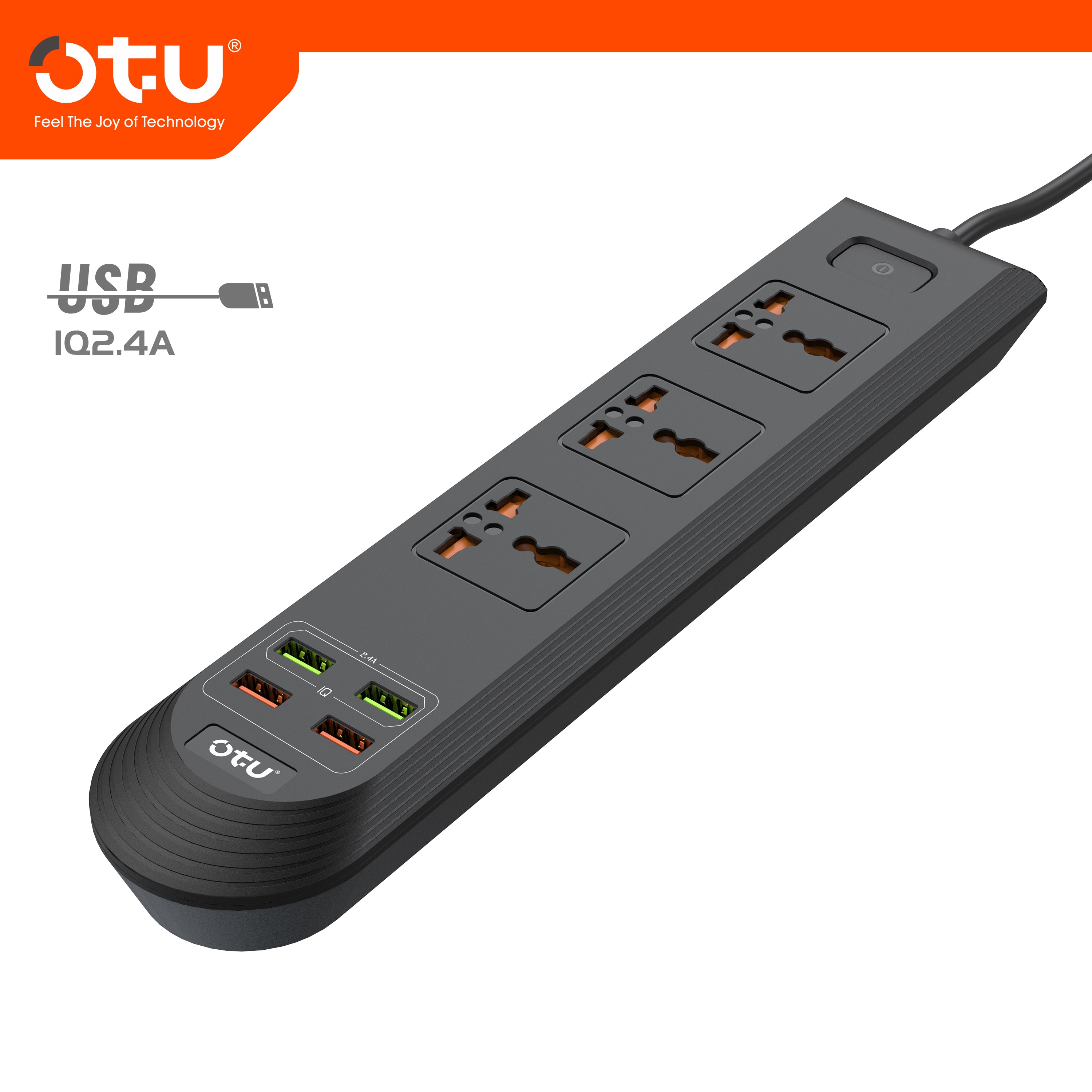 OTU BK01 Universal Power Strip with 4 USB Ports & 3 AC Outlets, 2500W Surge Protector for Home/Office