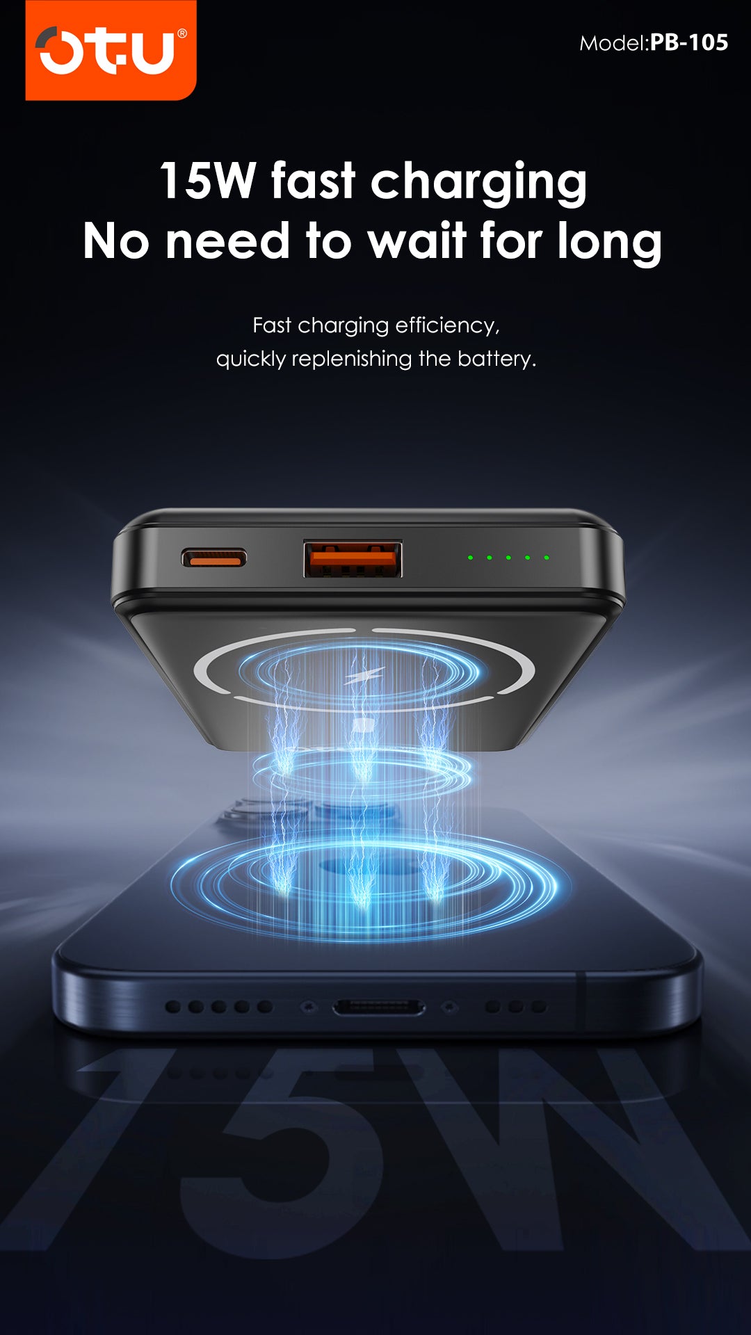 OTU PB105 power bank with cable, 22.5W fast charging, lanyard power bank,  compact power bank, iPhone charger, Android charger, Type-C power bank, travel charger, battery pack with display, slim power bank, emergency charger, mobile accessory