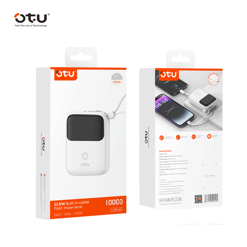 OTU PB104 10000mAh 22.5W Fast Charging Power Bank with Detachable Cables & Lanyard – Portable Charger with Type-C and Lightning Output