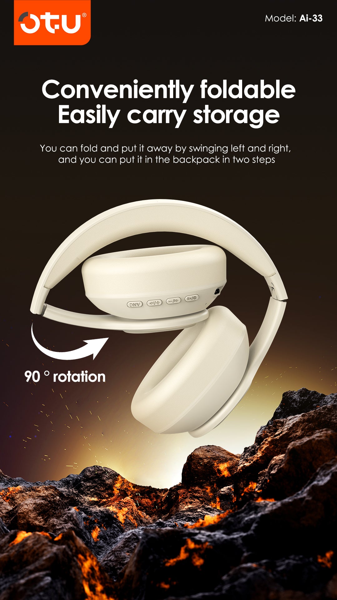 OTU Ai-33 ANC Wireless Headphones - 50H Battery, Active Noise Cancelling, Bluetooth 5.4, Foldable, Hi-Fi Sound