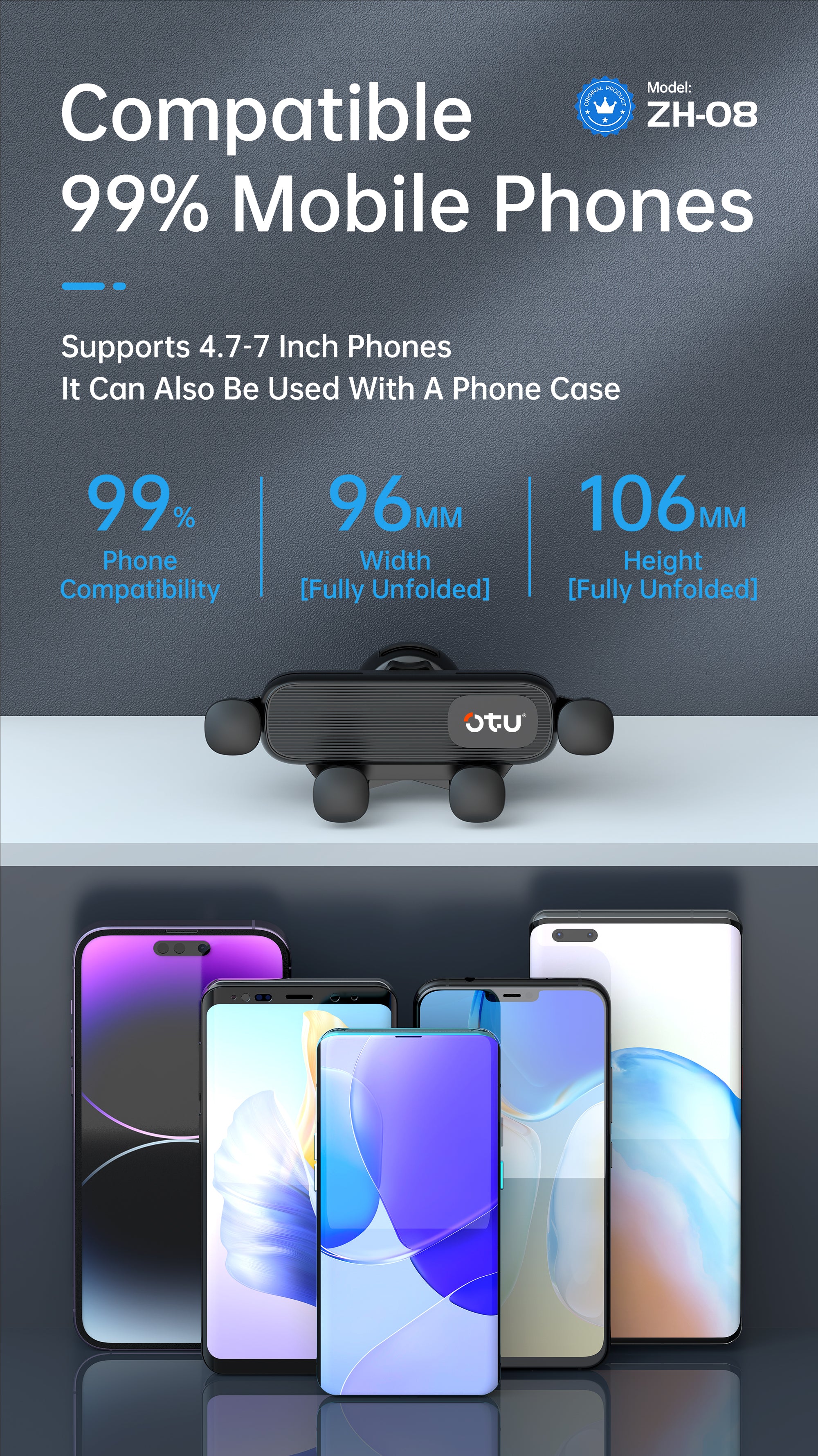 OTU ZH08 Universal Gravity Car Phone Mount Holder - Hands-Free Silent One-Handed Operation for iPhone & Android (4.7-7")
