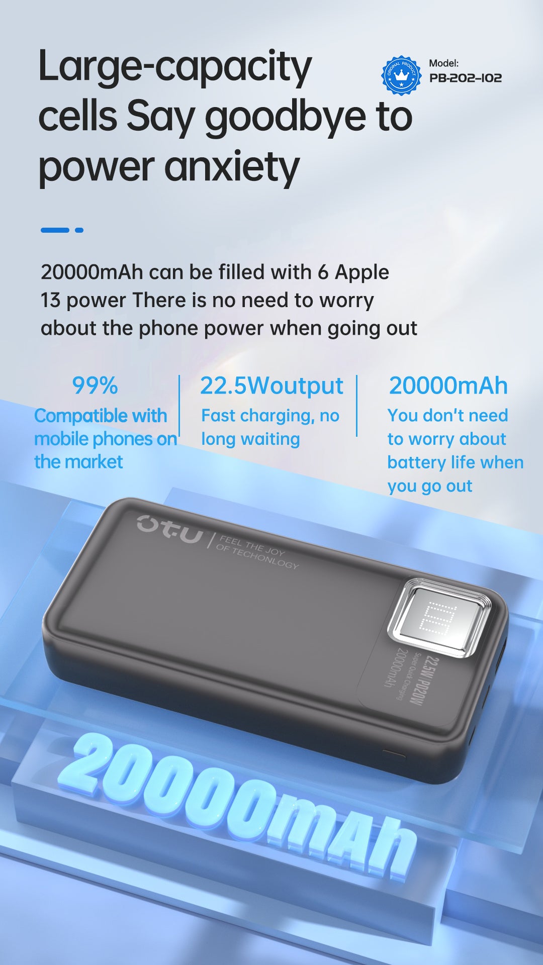 OTU PB202 20000mAh Power Bank with Digital Display – 22.5W High-Speed Portable Charger, Ultra-Safe Polymer Battery