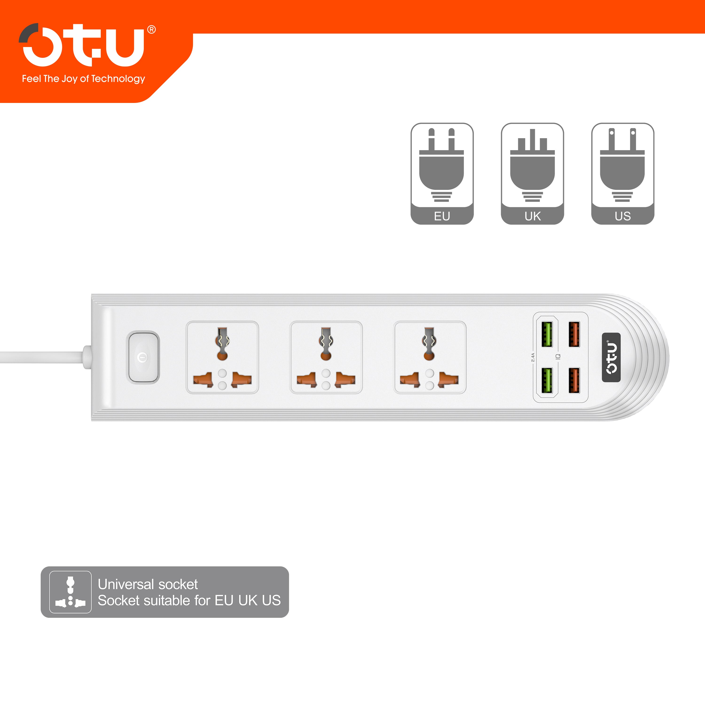 OTU BK01 Universal Power Strip with 4 USB Ports & 3 AC Outlets, 2500W Surge Protector for Home/Office