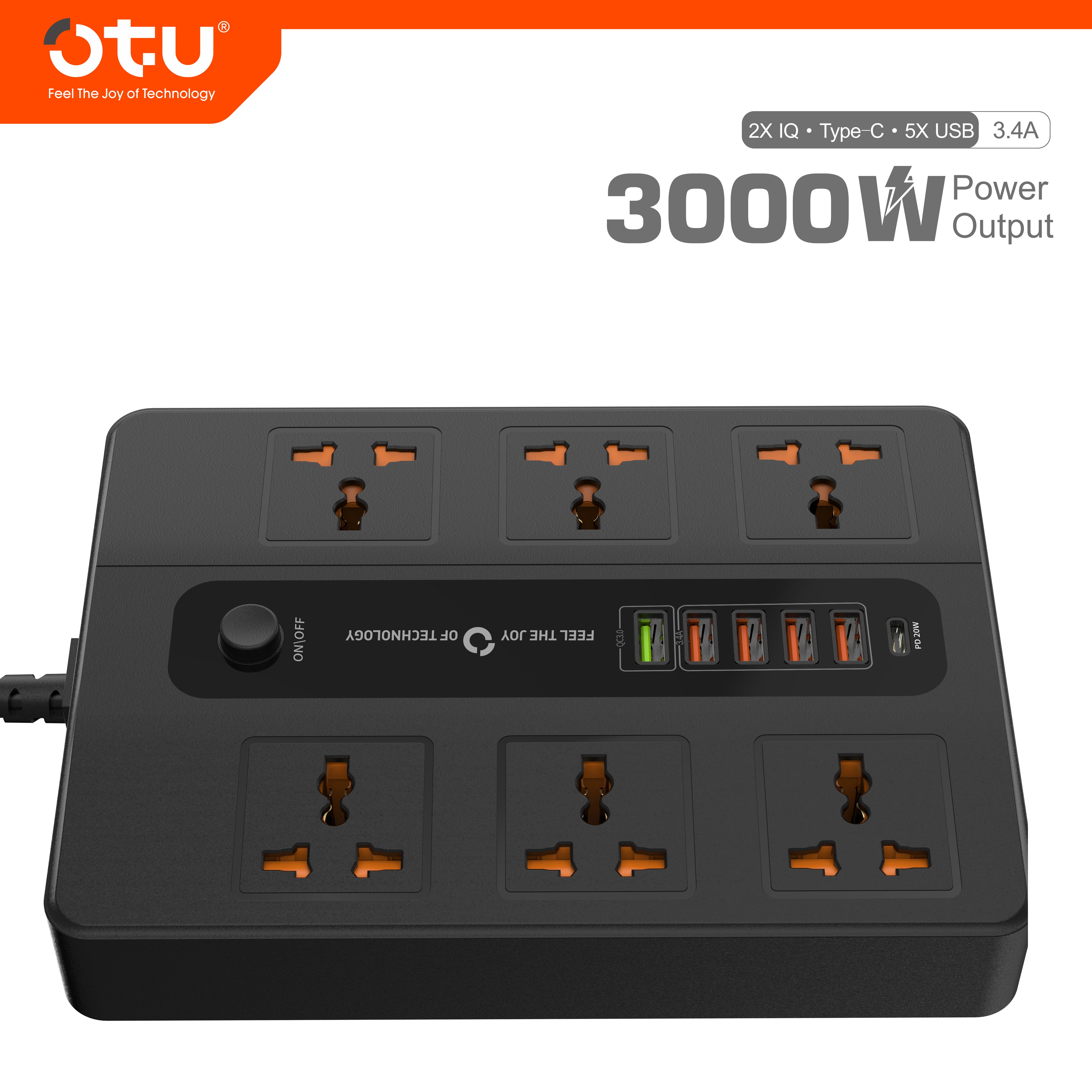 OTU BK04 Master Control Power Strip with 20W PD USB-C, Universal Outlets, Wide Spacing, 3000W for Desktop