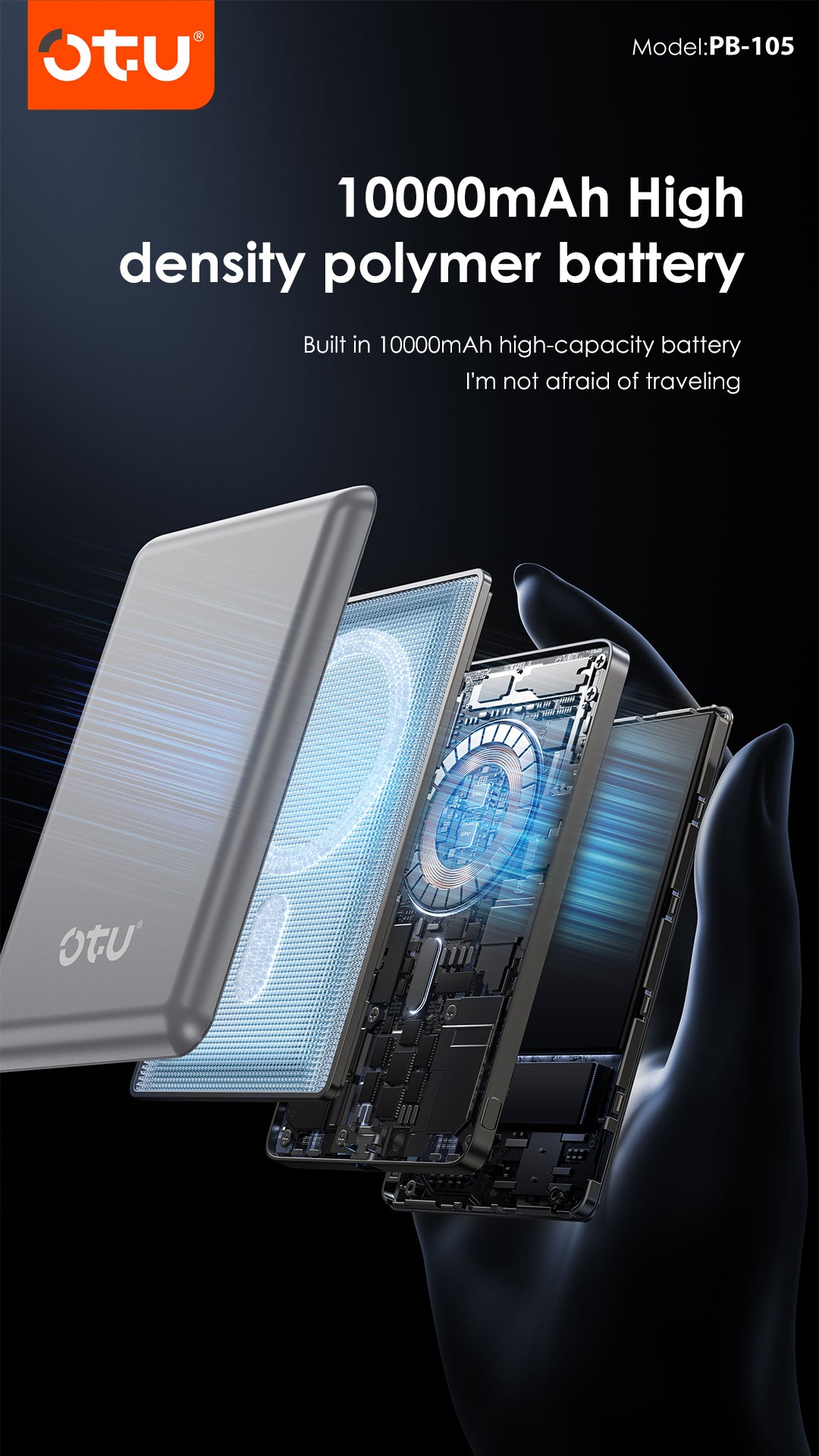 OTU PB105 power bank with cable, 22.5W fast charging, lanyard power bank,  compact power bank, iPhone charger, Android charger, Type-C power bank, travel charger, battery pack with display, slim power bank, emergency charger, mobile accessory