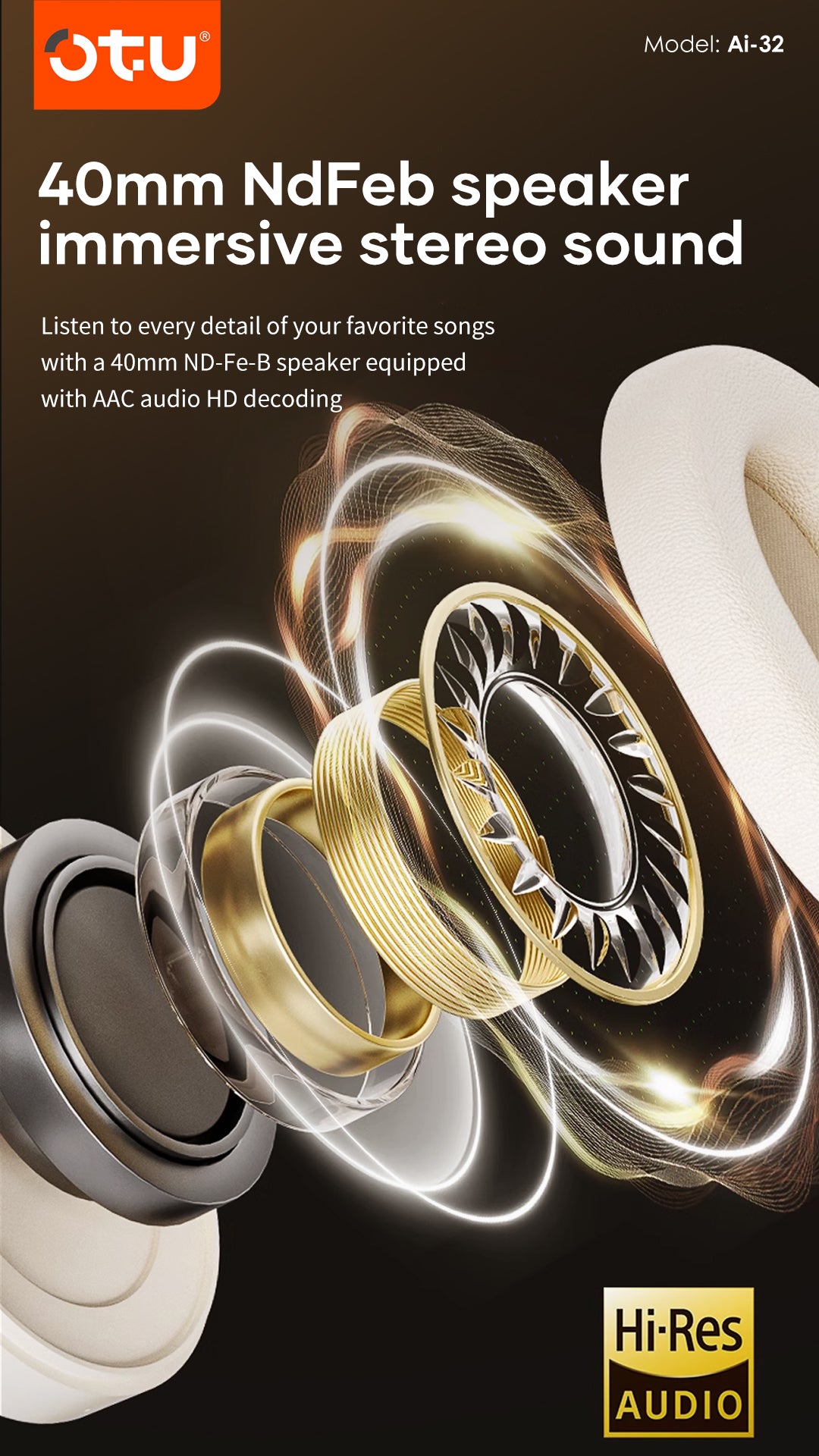 OTU Ai-32 Bluetooth Headphones - 30H Playtime, ENC Noise Cancelling, Foldable, Hi-Fi Sound, Bluetooth 5.4