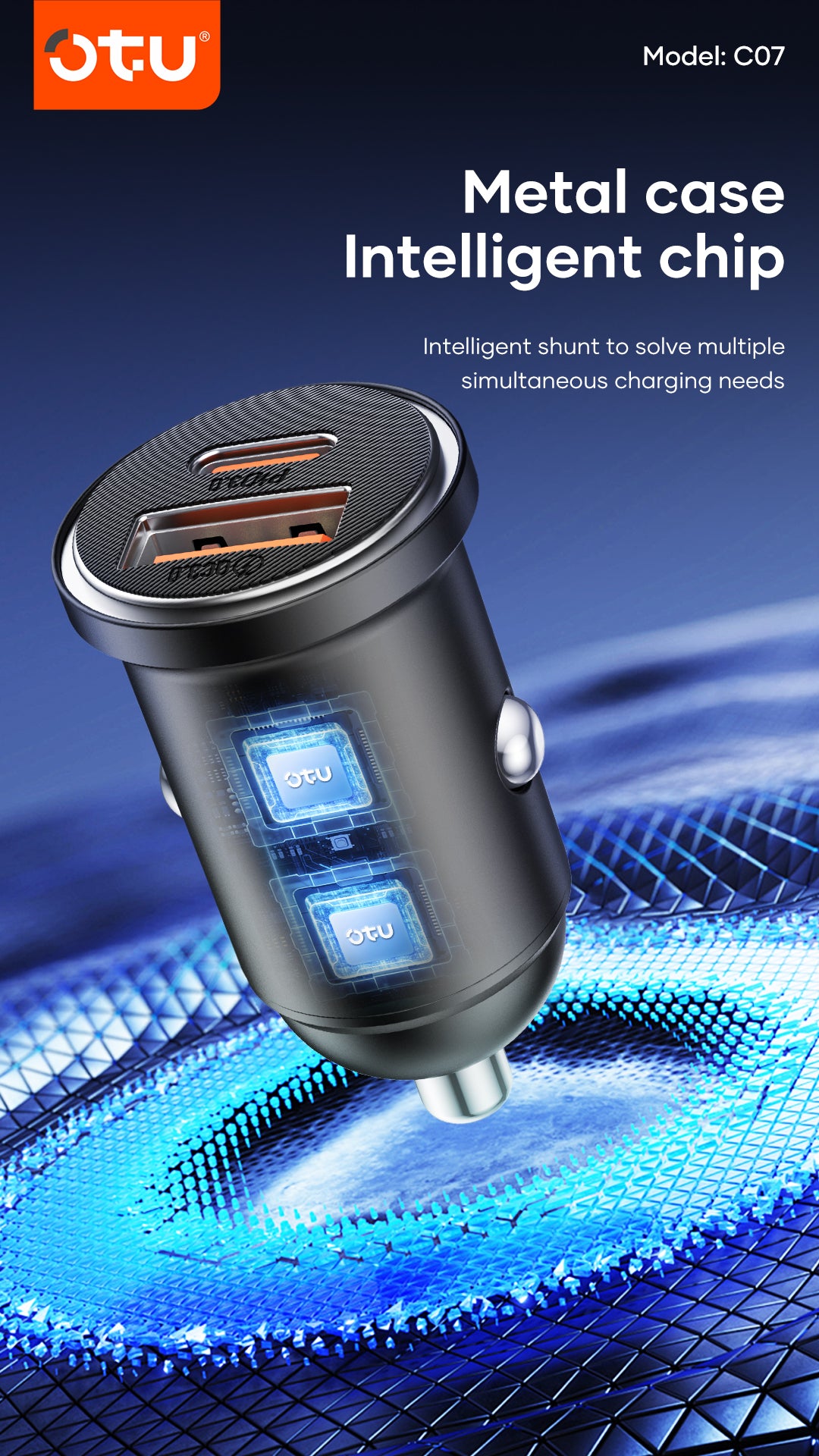 OTU CO7 30W Metal Car Charger – Dual Port USB C & USB A Fast Charger with Smart Chip for Cars & Trucks