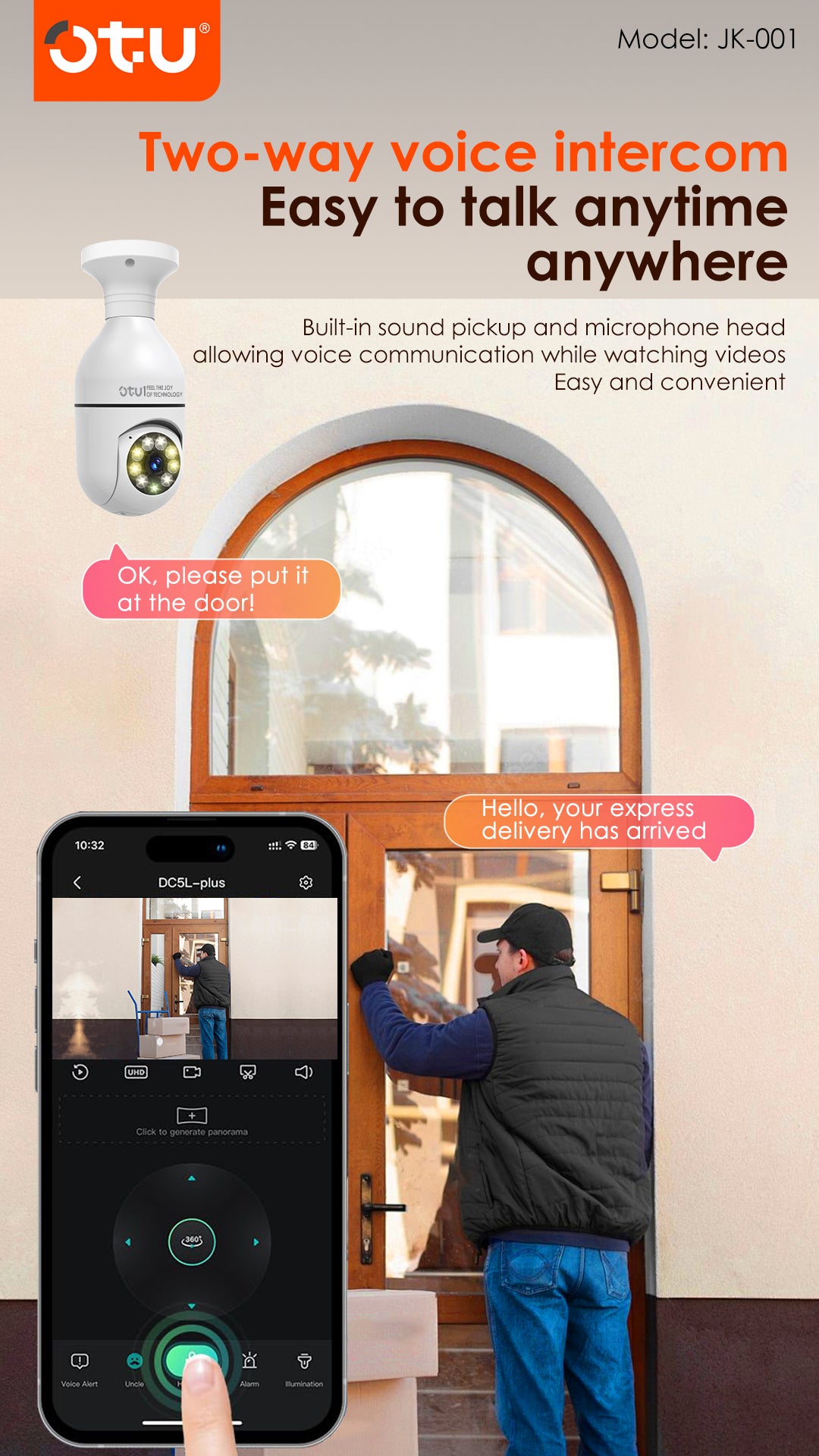 OTU JK001 Smart Indoor Security Camera with AI Human Detection, 2-Way Audio & Alarm Siren