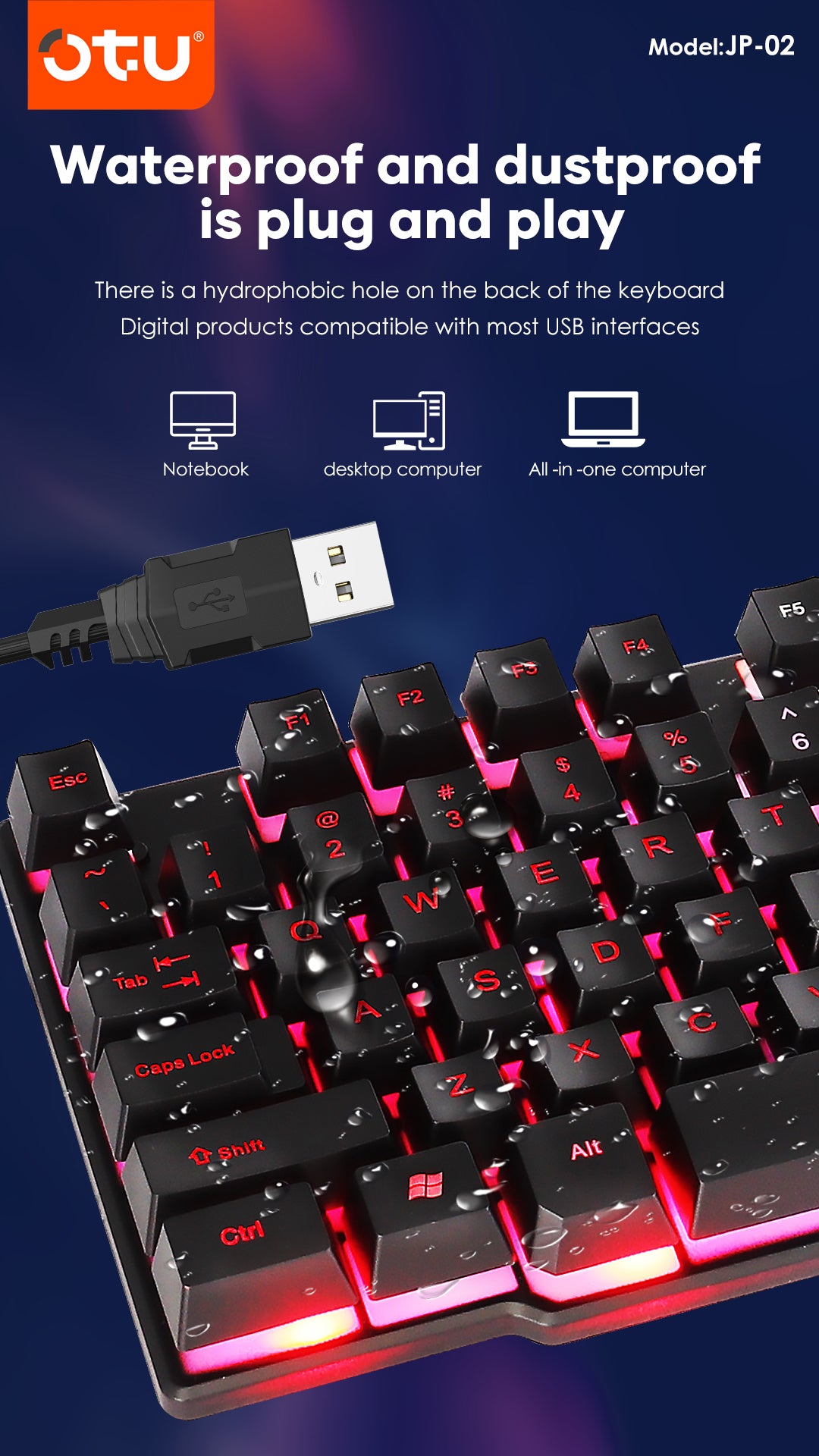 OTU JP-02 RGB Backlit Gaming Keyboard – 104 Key Anti-ghosting, Splash-Proof, for PC & Mac