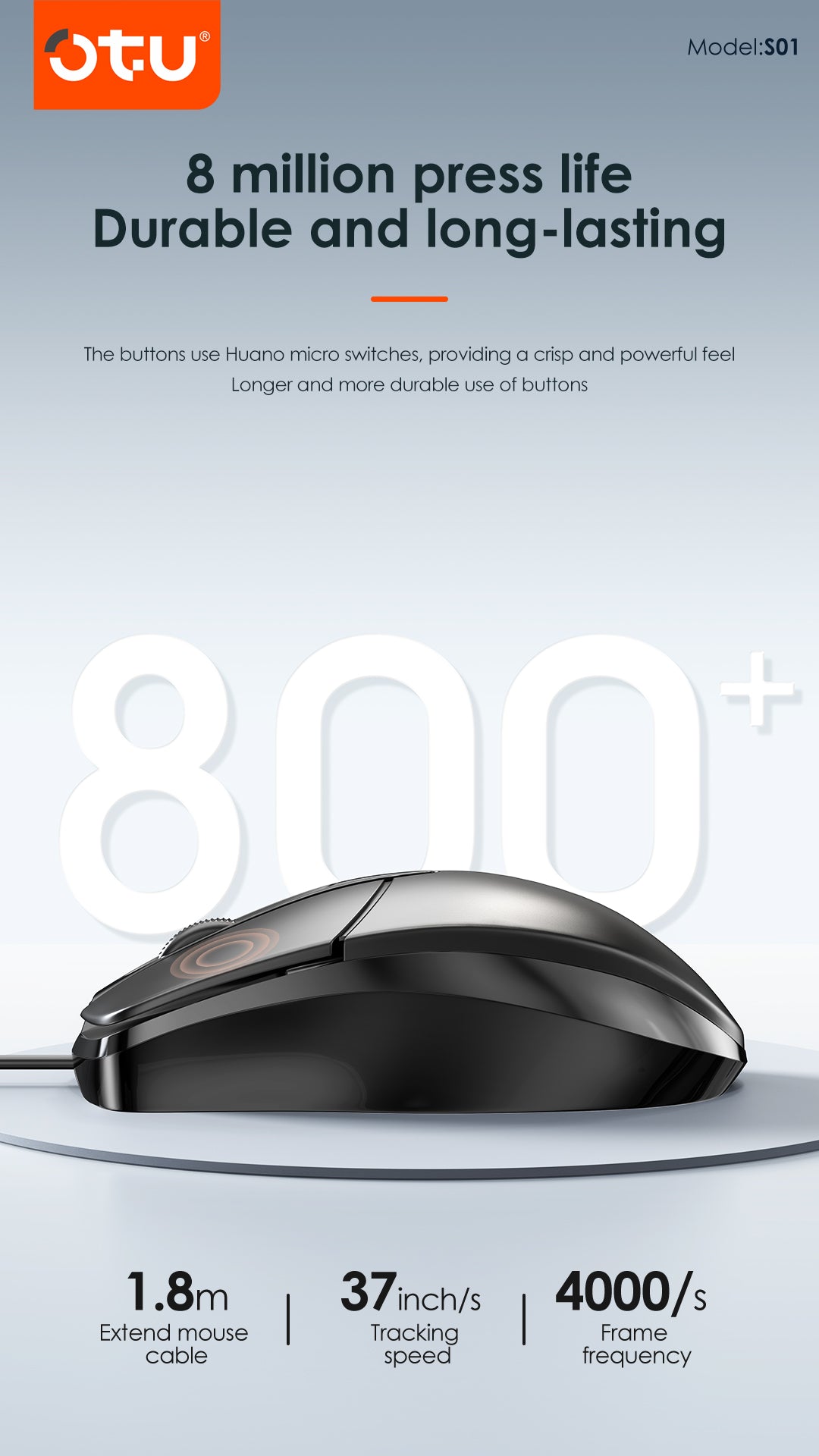 OTU S01 Ultra-Quiet USB Computer Mouse - Ergonomic, 8 Million Clicks, Plug & Play for PC, Mac, Laptop