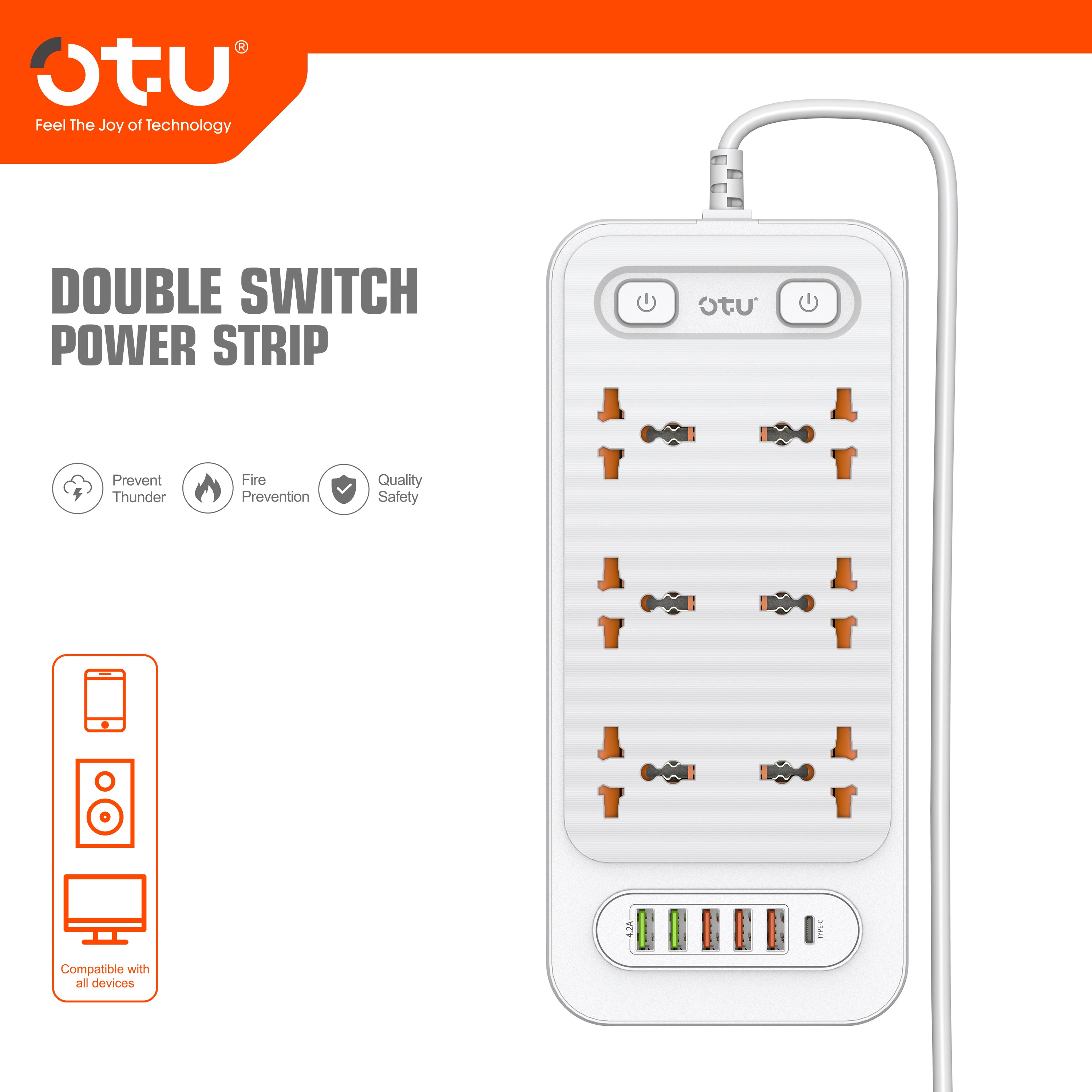 OTU BK03 3000W Power Strip with Double Safety Switch, Child-Proof Outlets, Surge & Fire Protection