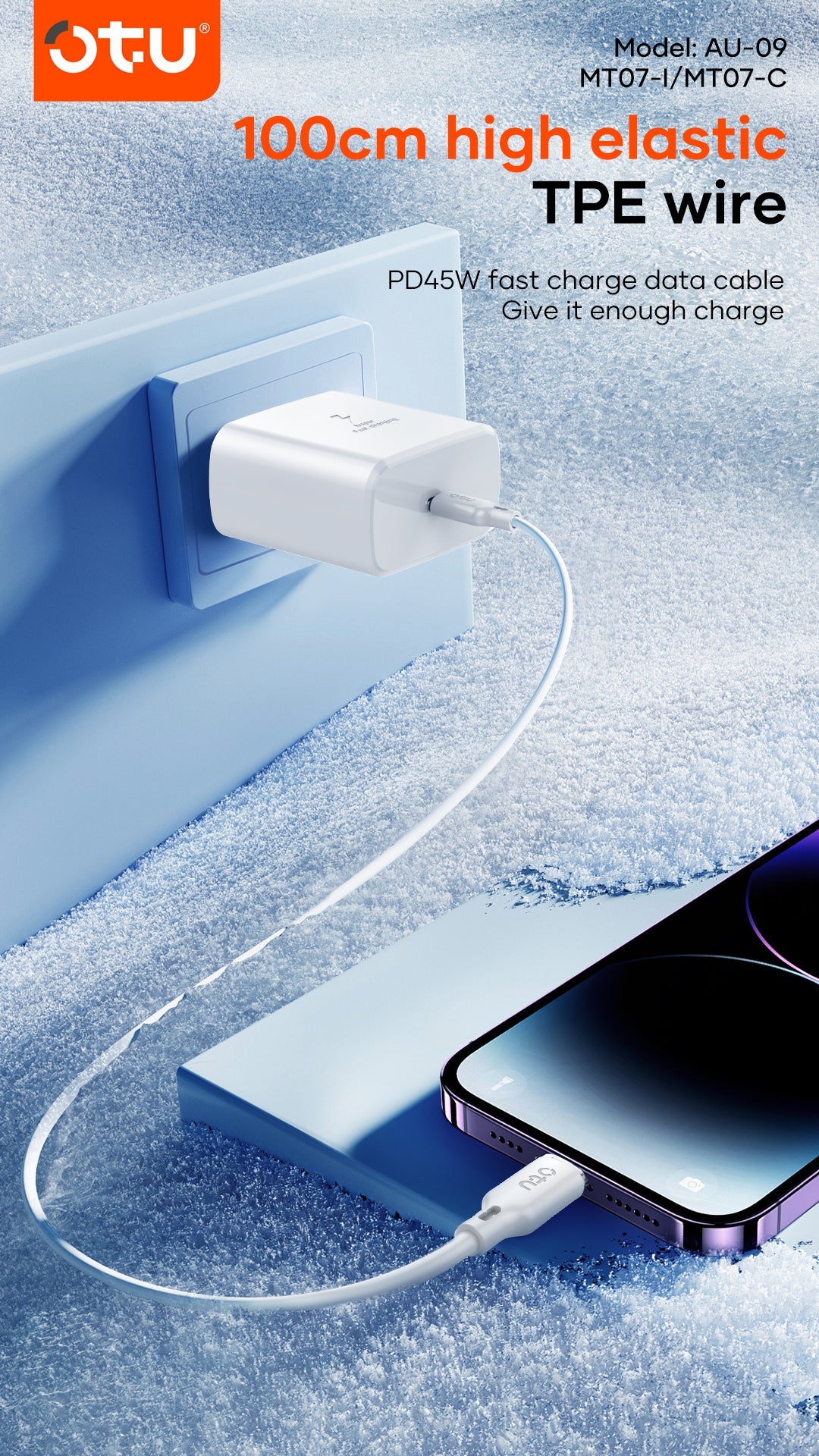 OTU AU09 45W PD Fast Charger Wall Plug - USB-C Power Adapter Block for iPhone 15/14/13, Samsung Galaxy, iPad, Huawei, Xiaomi & More | Super Fast Charging with TPE Cable Included