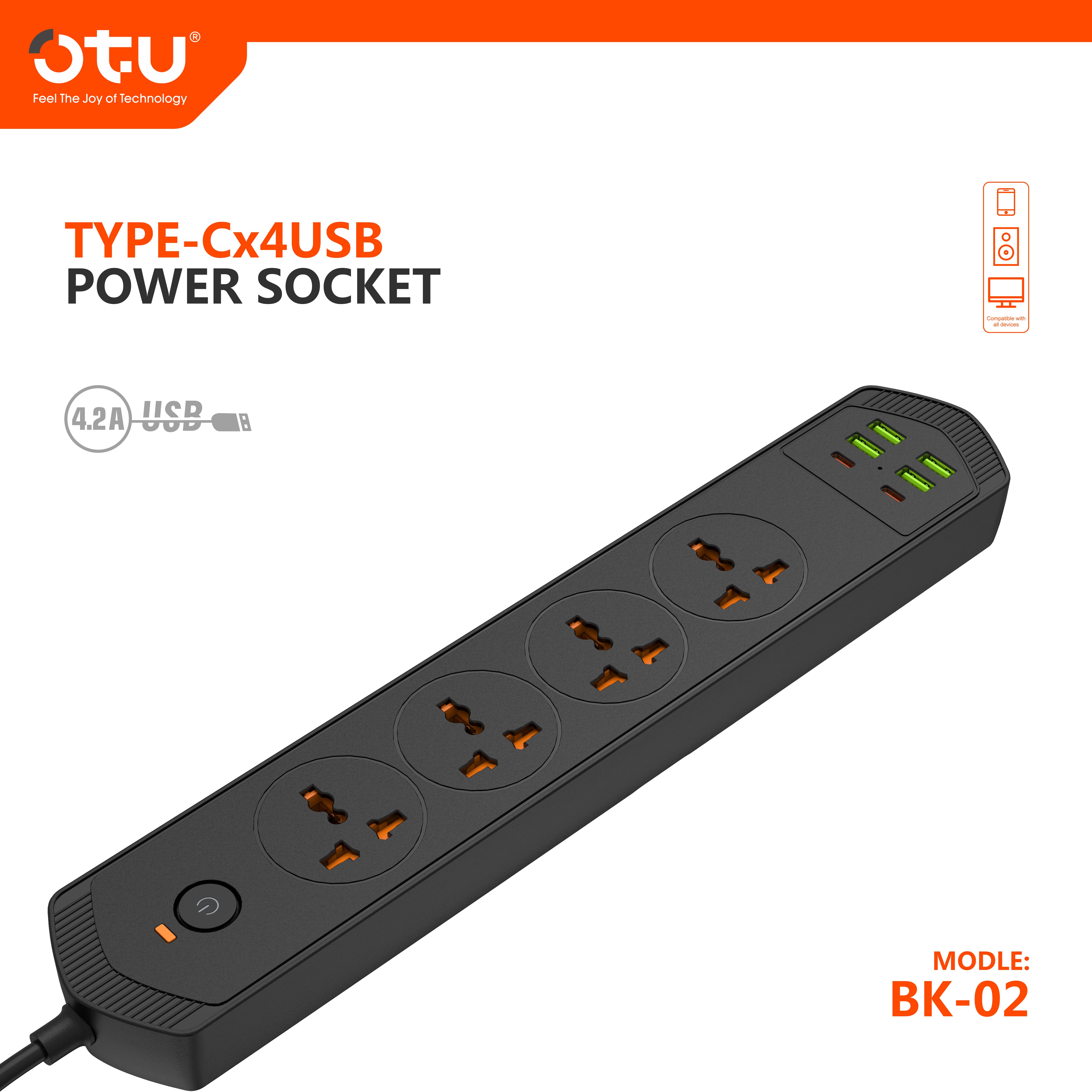 OTU BK02 3000W Power Strip with 2 USB-C PD Ports & 4 USB Ports, Universal International Outlet Travel Adapter