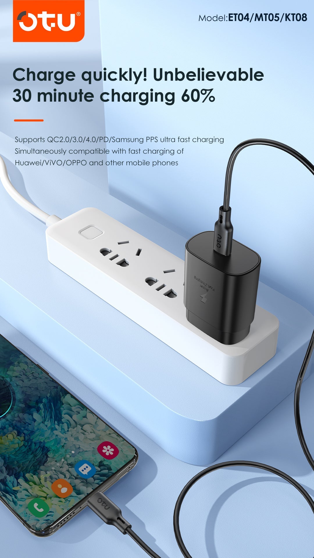 OTU MT05 25W GaN Fast Charger with PD & QC 4.0 – Ultra Compact Power Adapter for iPhone, Samsung, Huawei | 3X Faster Charging