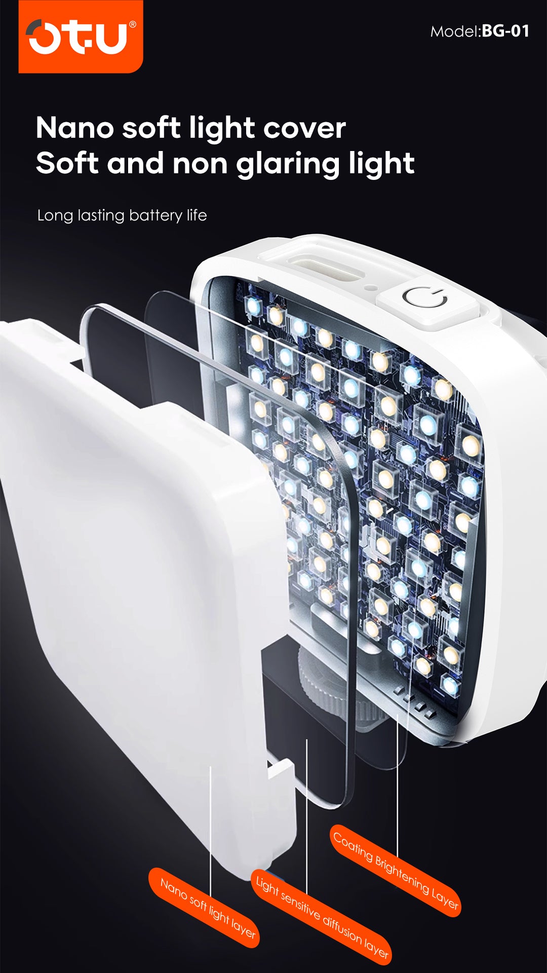 OTU BG01 360° Adjustable Phone Fill Light - Portable LED Video Light with Soft Light for Content Creation, Vlogging, Live Streaming