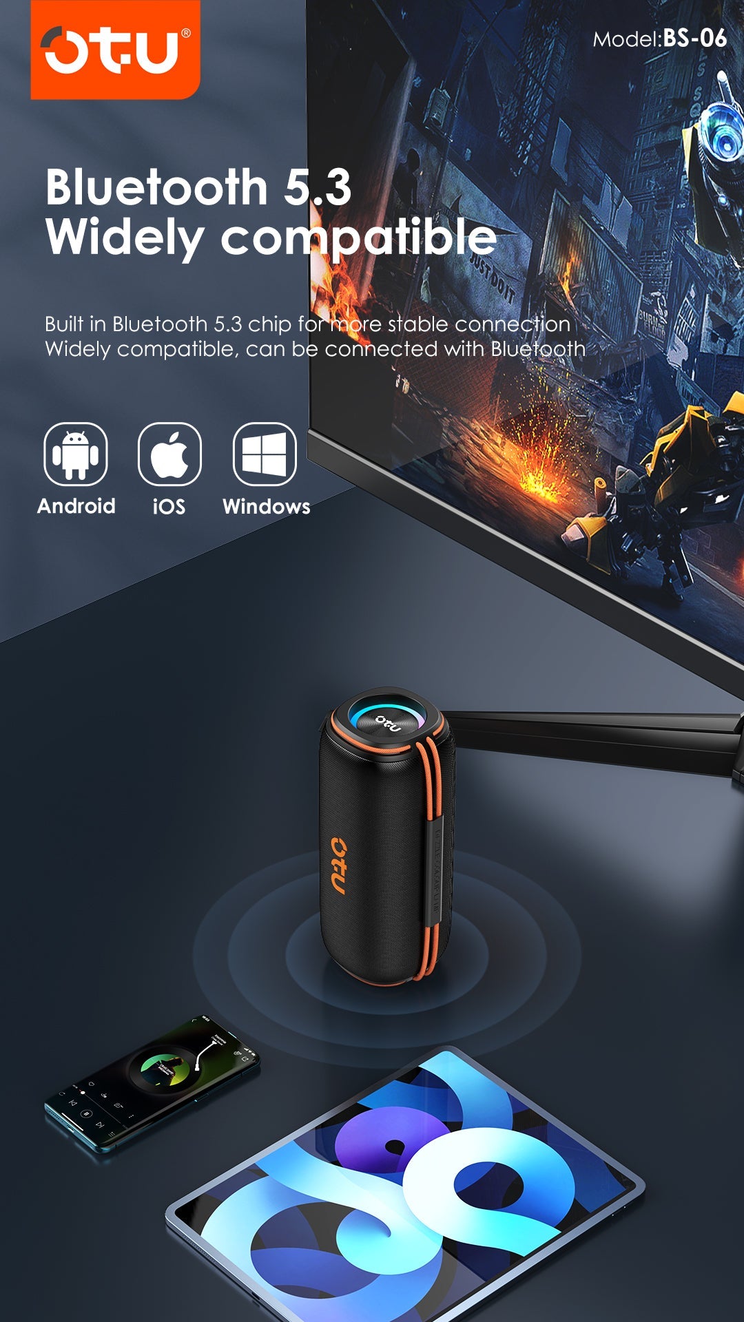 OTU BS-06 Portable Bluetooth Speaker: 25H Playtime, IPX5 Waterproof, 3D Surround Sound, Bluetooth 5.3 for iOS Android