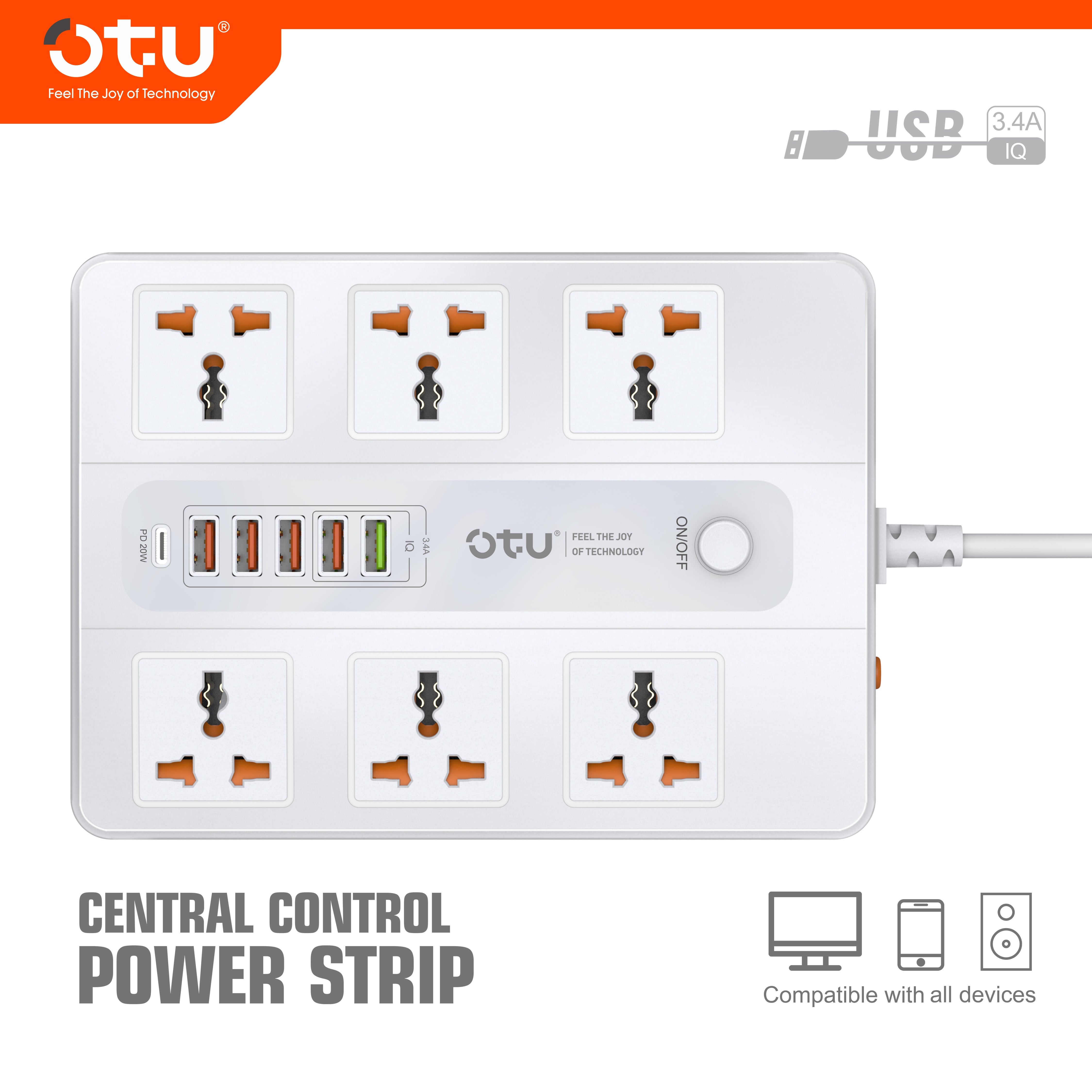 OTU BK04 Master Control Power Strip with 20W PD USB-C, Universal Outlets, Wide Spacing, 3000W for Desktop