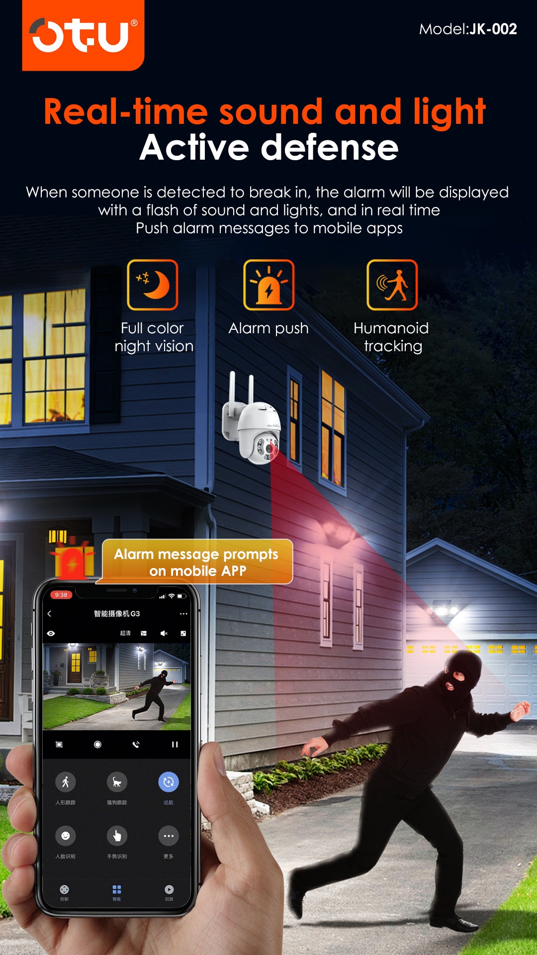 OTU JK002 360° WiFi Indoor Pan/Tilt Security Camera with Human Tracking & 2-Way Talk