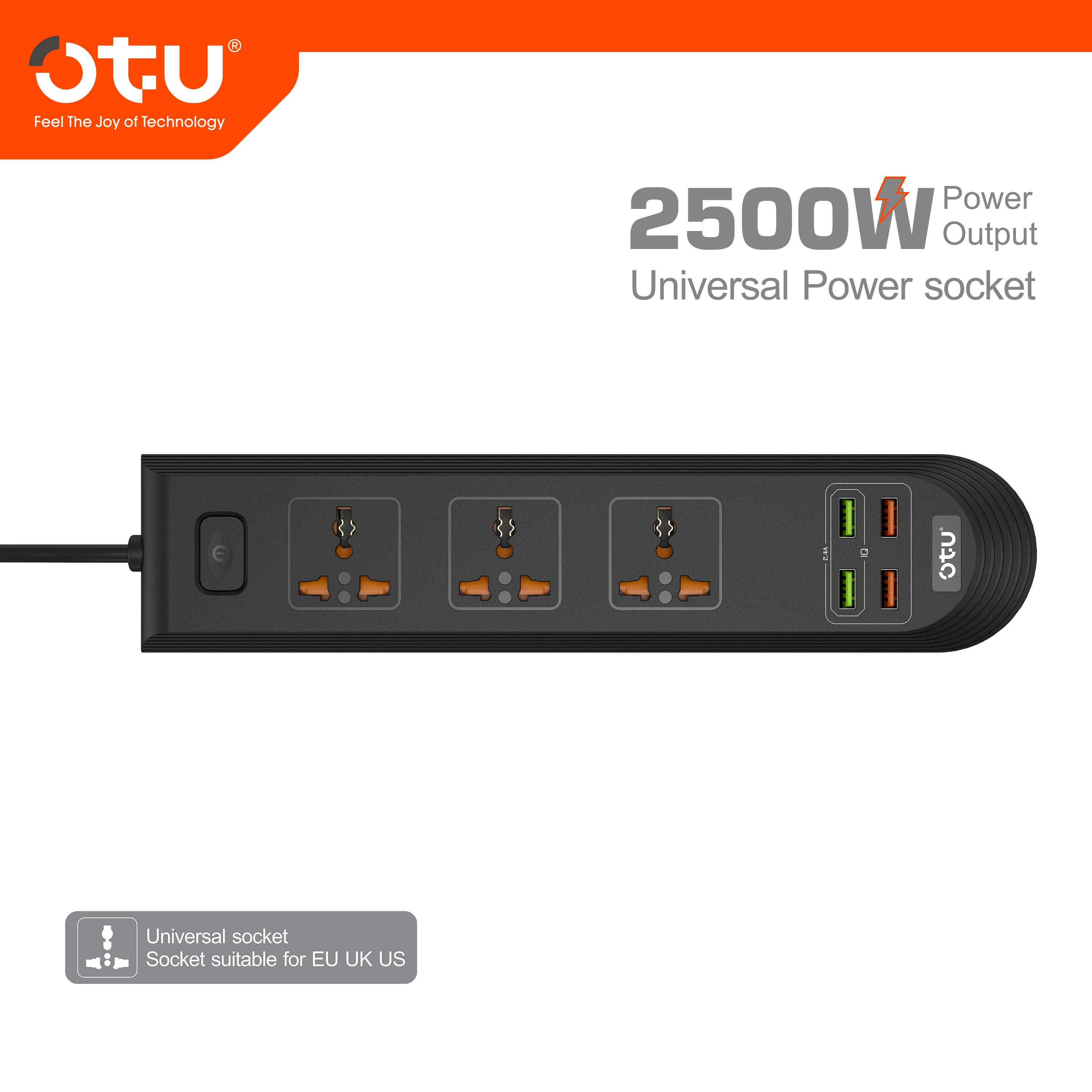 OTU BK01 Universal Power Strip with 4 USB Ports & 3 AC Outlets, 2500W Surge Protector for Home/Office