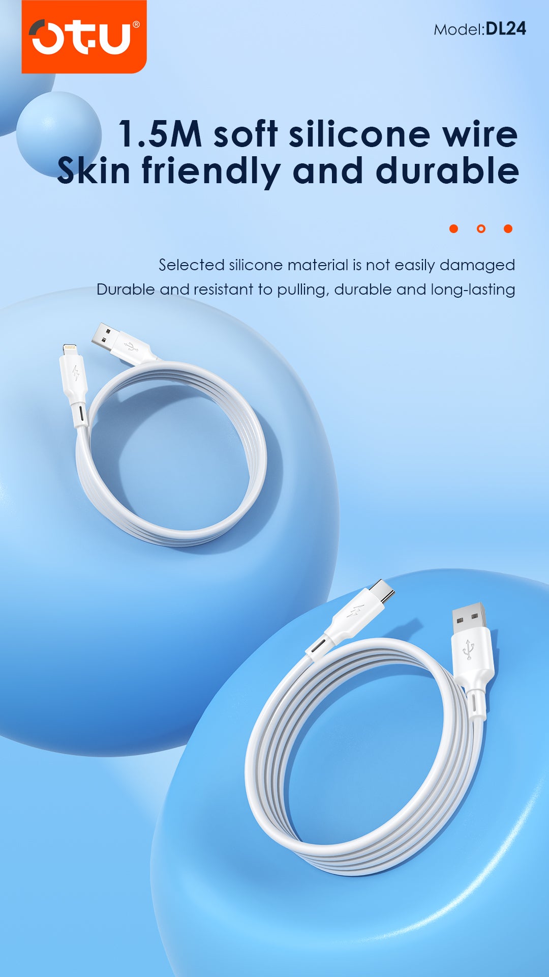 OTU DL24 5A Super Fast Charging Cable 1.5M - Ultra Soft Silicone USB Cable for Type-C & Lightning, High Speed Data Sync & Safe Charging