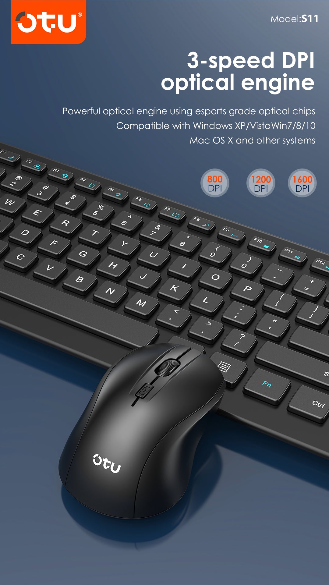 OTU S11 Wireless Mouse, 2.4G Silent Click Ergonomic Mouse with 3 Adjustable DPI, 3D Anti-Slip Scroll for PC, Laptop, Mac, Windows & mac IOS