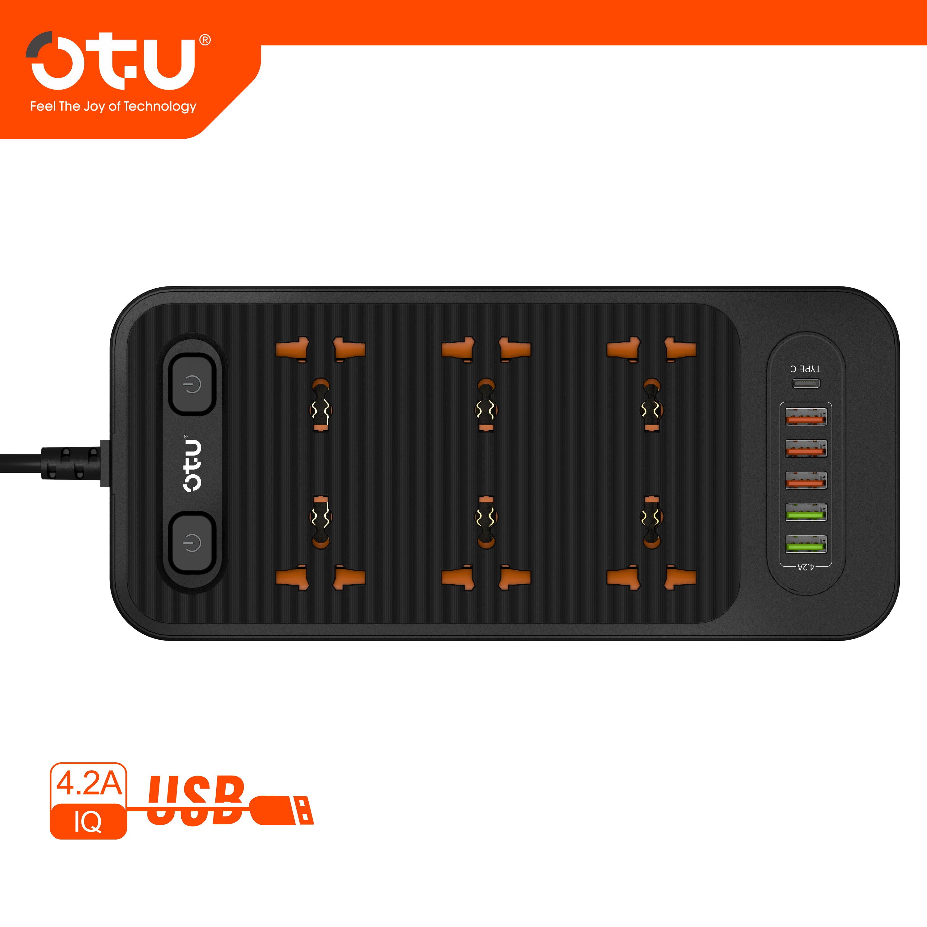 OTU BK03 3000W Power Strip with Double Safety Switch, Child-Proof Outlets, Surge & Fire Protection