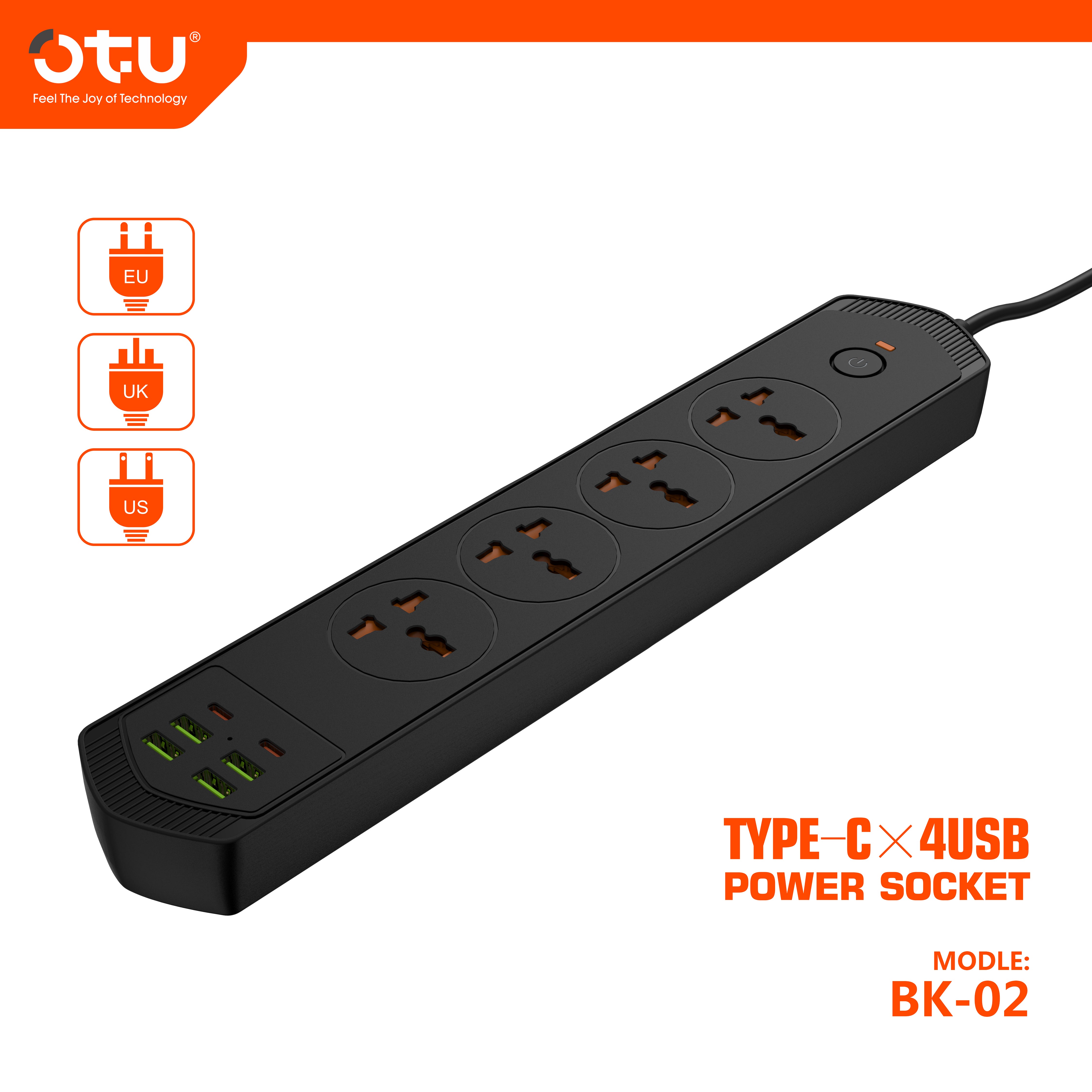 OTU BK02 3000W Power Strip with 2 USB-C PD Ports & 4 USB Ports, Universal International Outlet Travel Adapter