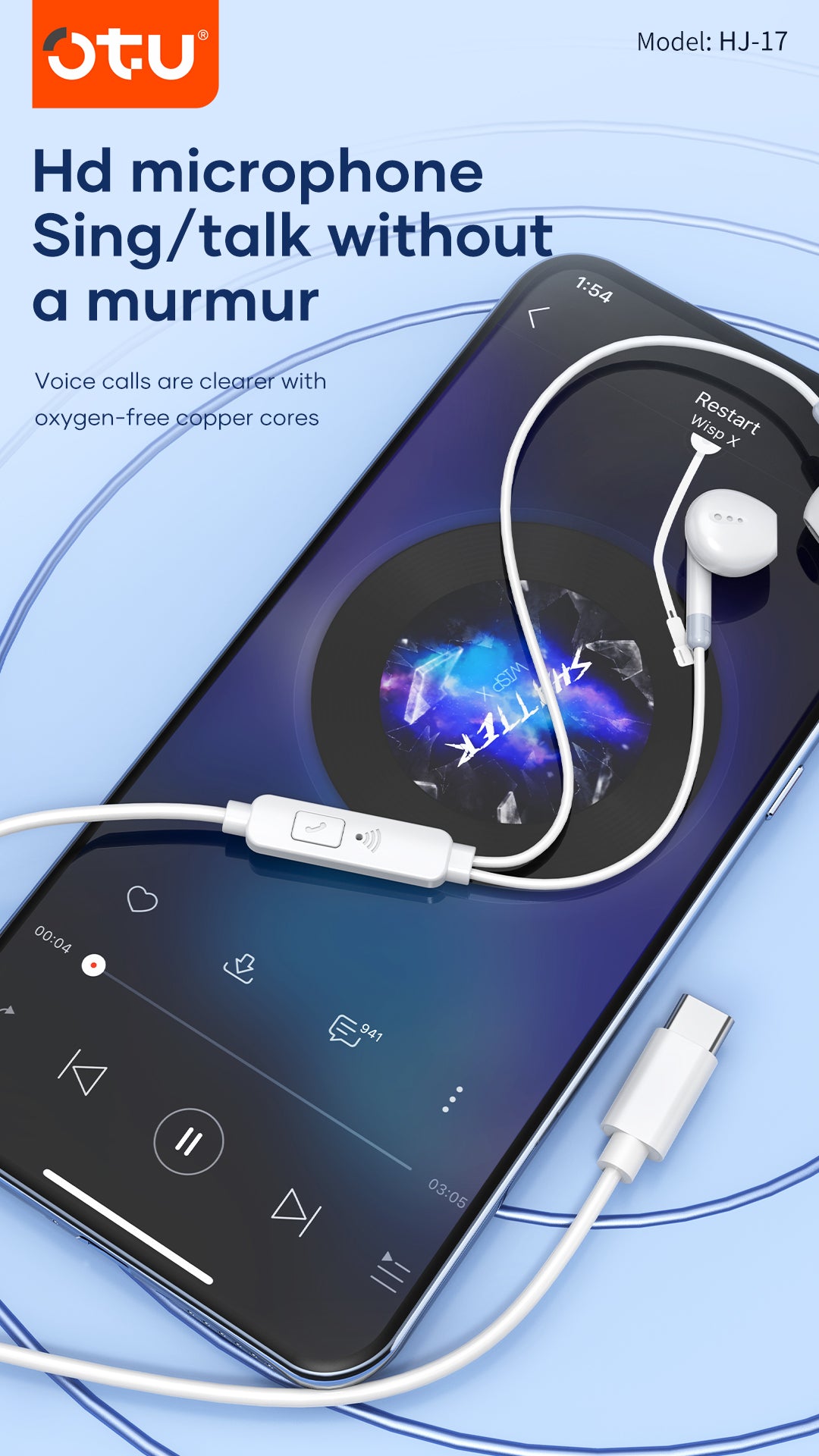 OTU HJ-17 Semi-In-Ear Wired Earbuds with Noise-Reducing Mic, 14mm Driver for Balanced Sound & Comfortable Fit