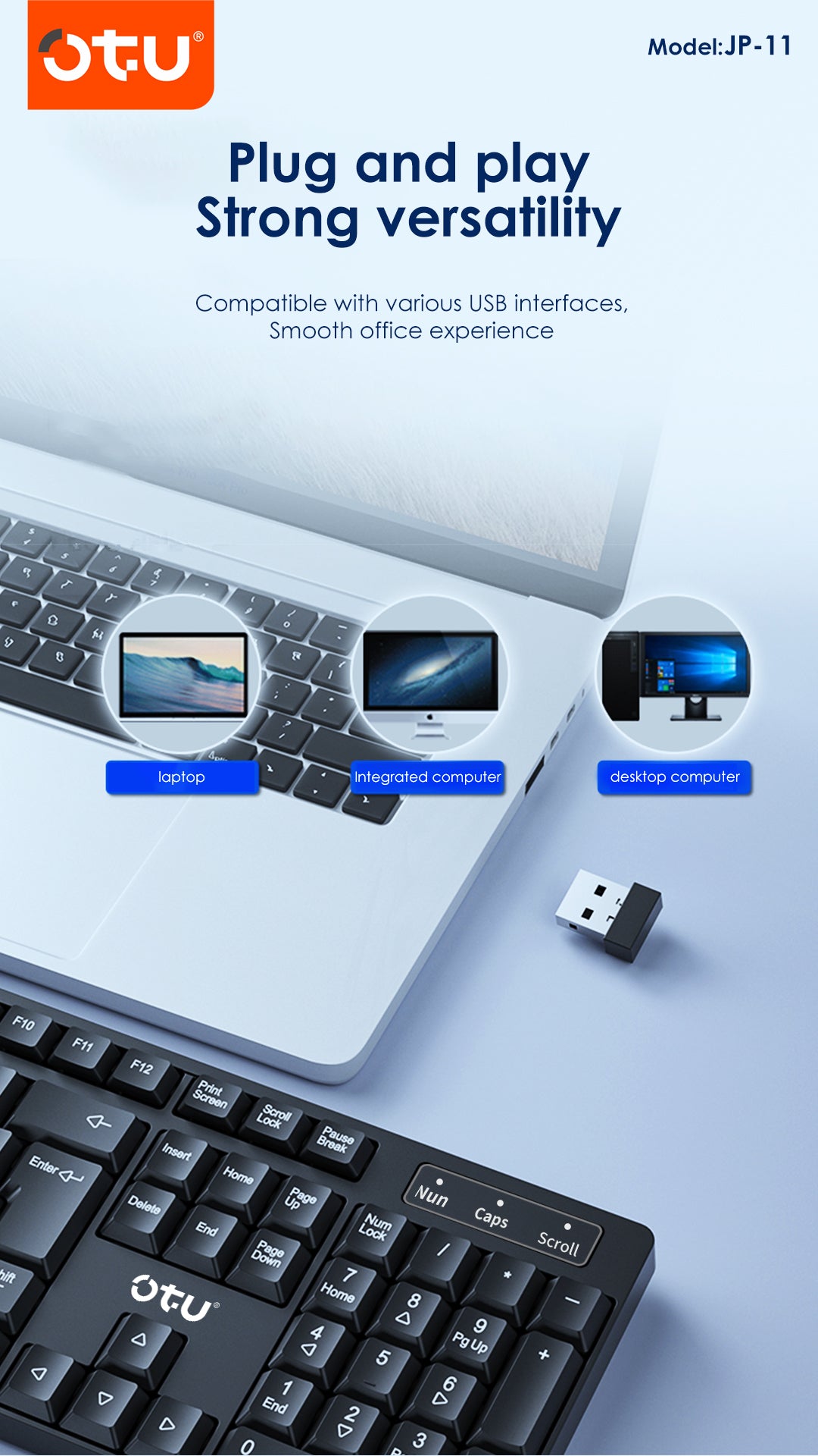 OTU JP-11 Wireless Keyboard with 104 Keys & Multimedia Shortcuts – 2.4G Plug & Play for Office & Gaming