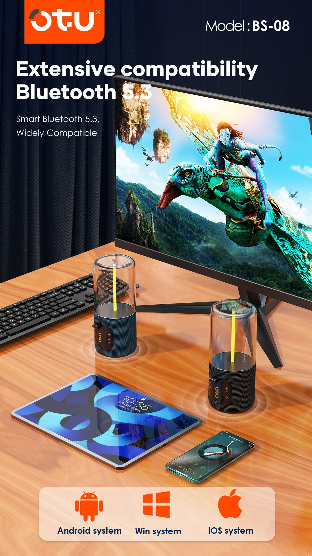 OTU BS-08 Bluetooth Speaker with Flowing LED Lights, 360° Stereo Sound, 10H Playtime, Bluetooth 5.3, Portable Wireless Speaker for iPhone/Android