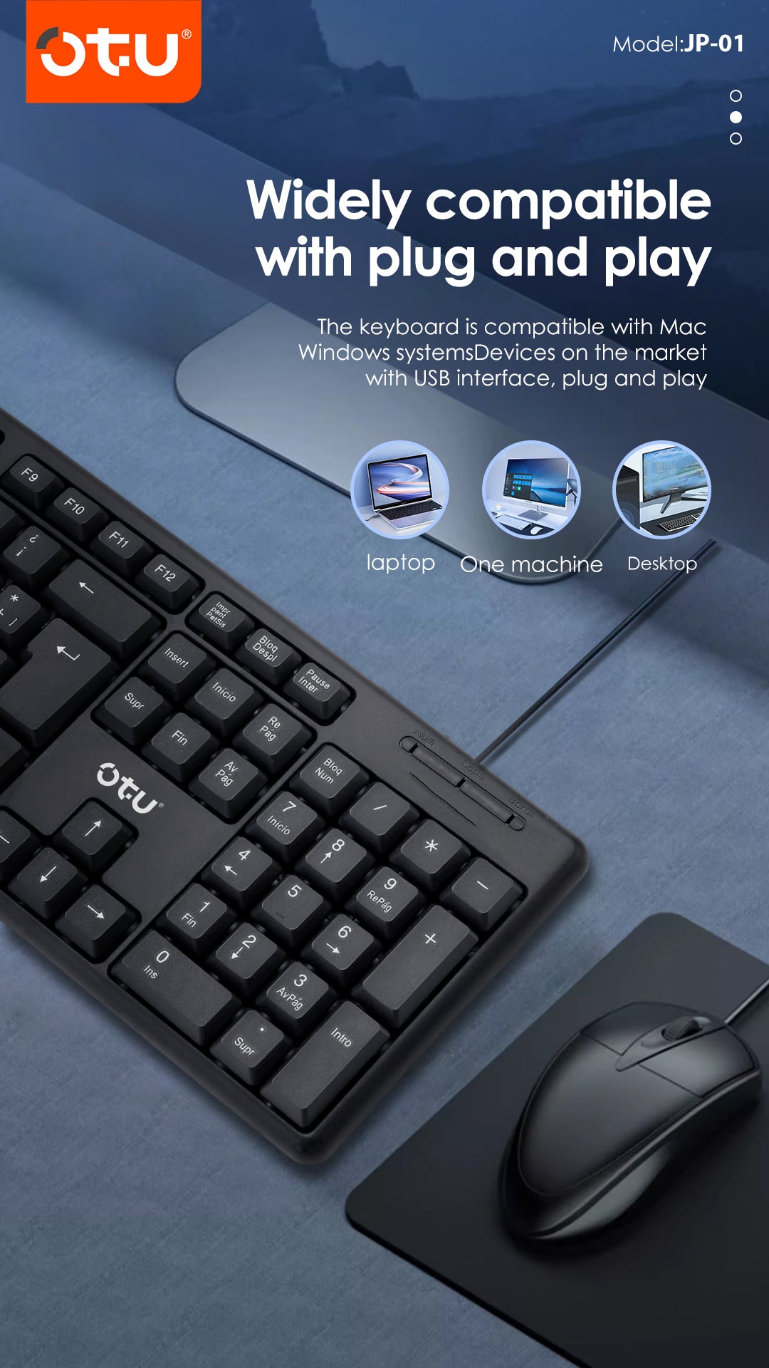OTU JP-01 Wired Keyboard with U-Shaped Keycaps – Comfort Typing, Plug & Play for PC/Mac