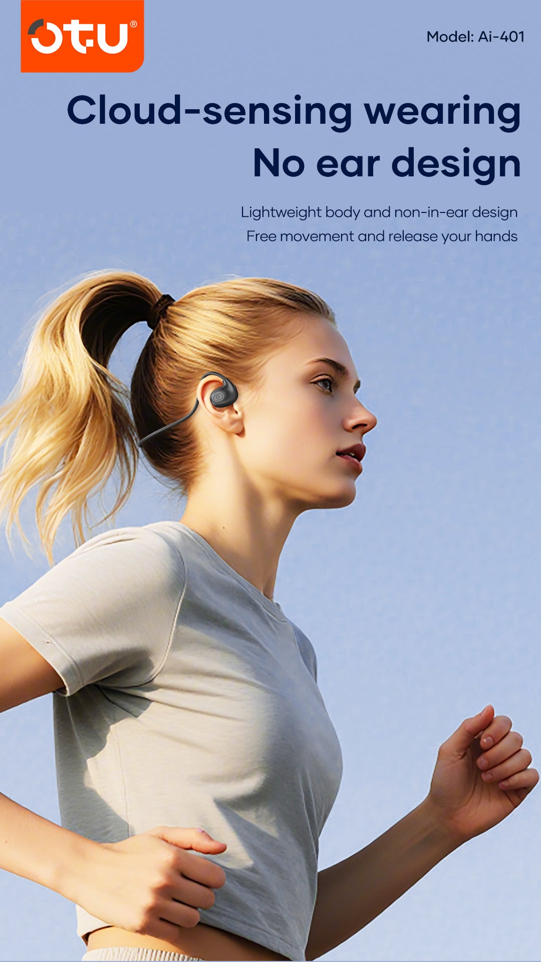 OTU Ai-401 Open Ear Sports Headphones - Bluetooth 5.3, 360° Panoramic Sound, ENC Noise Reduction, Titanium Frame, Sweatproof