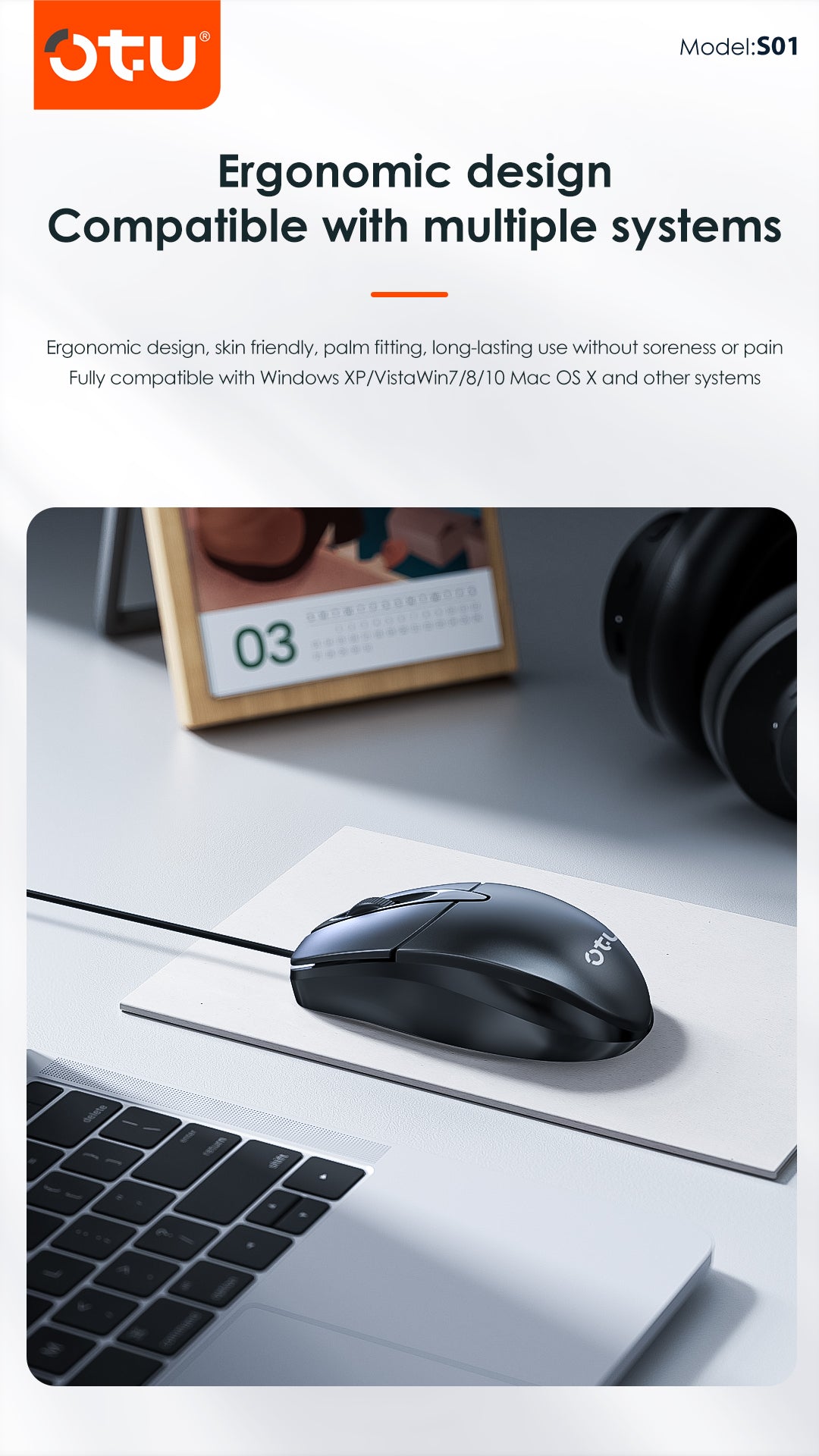 OTU S01 Ultra-Quiet USB Computer Mouse - Ergonomic, 8 Million Clicks, Plug & Play for PC, Mac, Laptop