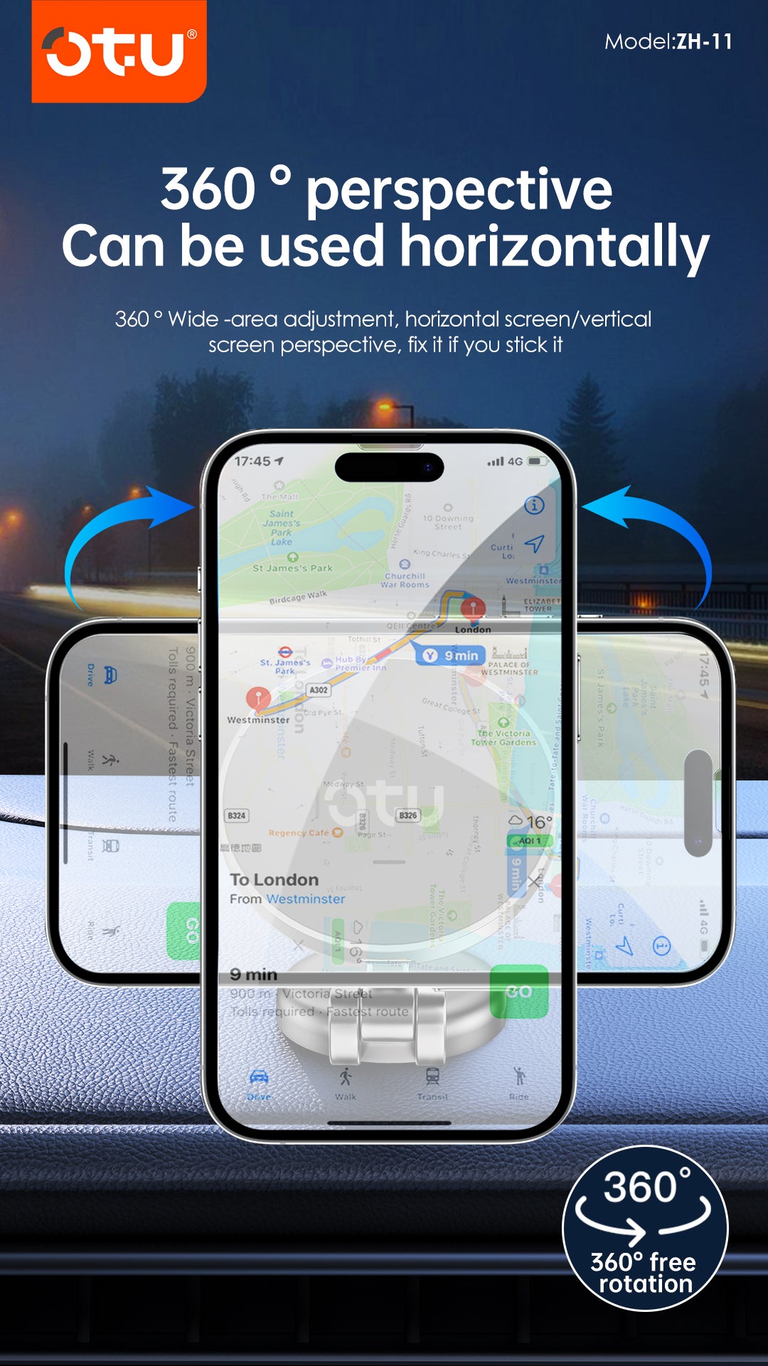 OTU ZH11 15W Magnetic Wireless Car Charger Mount - Fast Charging, 360° Rotation, for All MagSafe iPhones