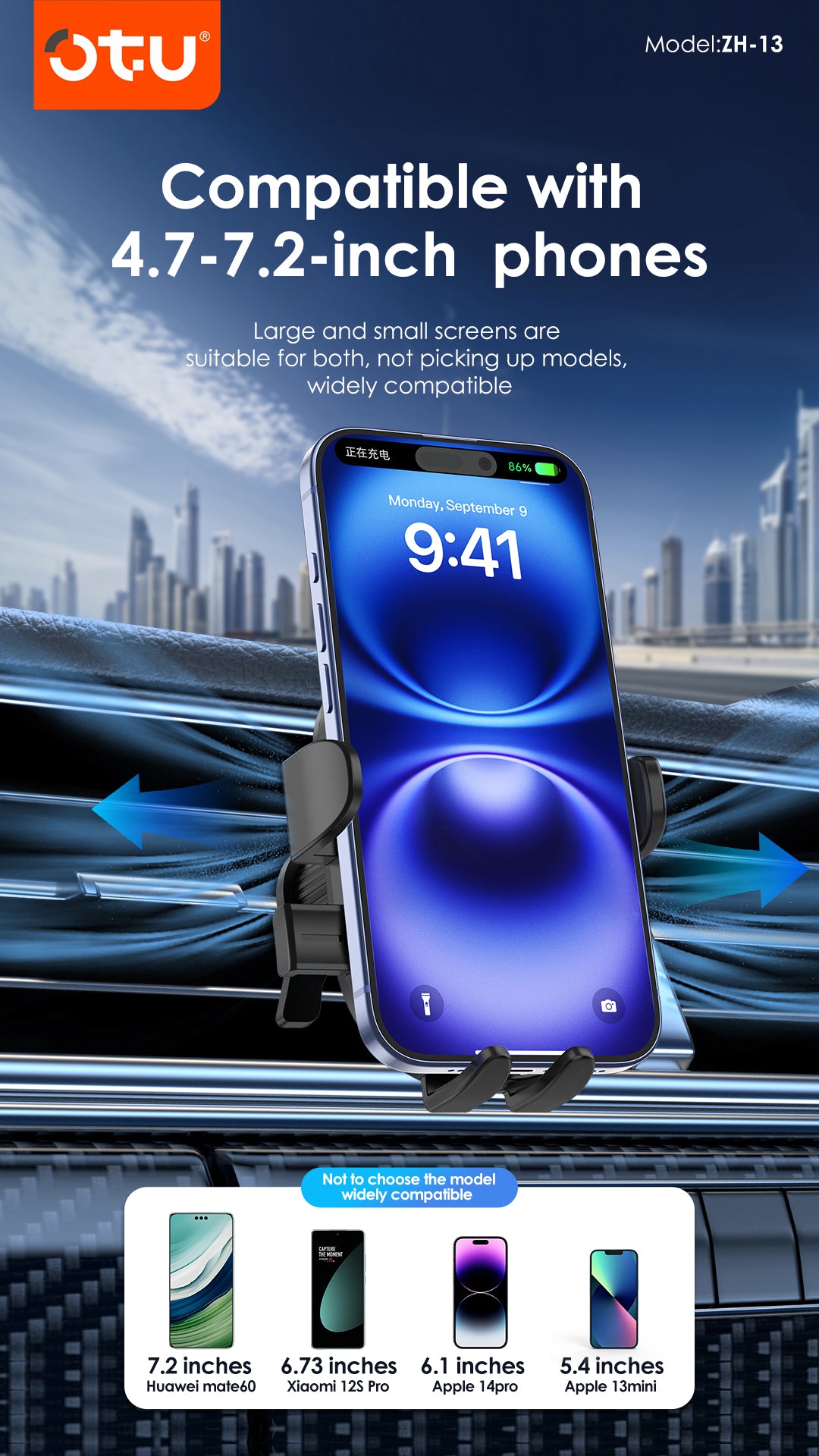 OTU ZH13 Universal Car Phone Mount Holder with One-Click Lock & 360° Rotation - Compatible with 4.7-7.2 inch Phones