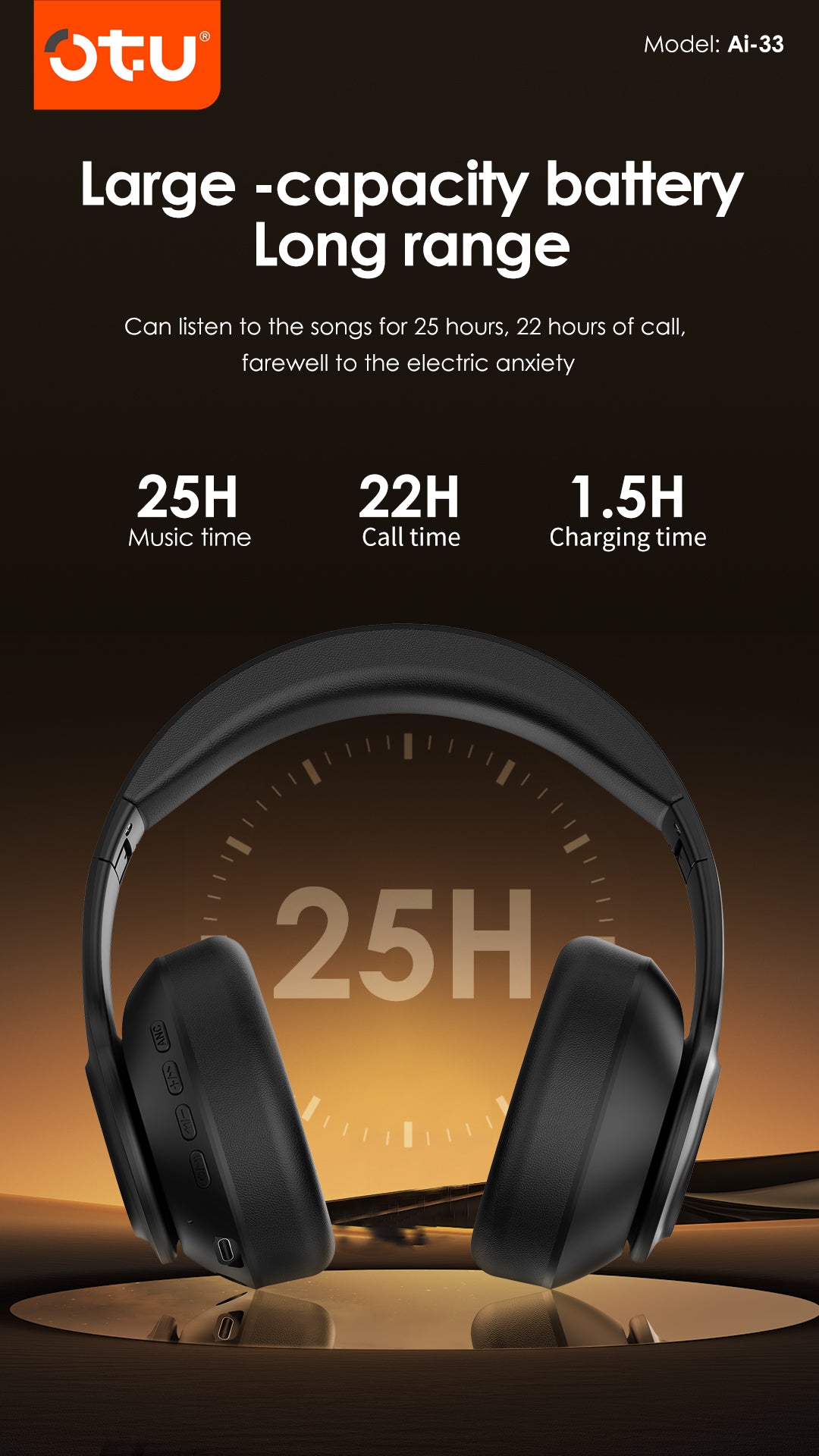 OTU Ai-33 ANC Wireless Headphones - 50H Battery, Active Noise Cancelling, Bluetooth 5.4, Foldable, Hi-Fi Sound