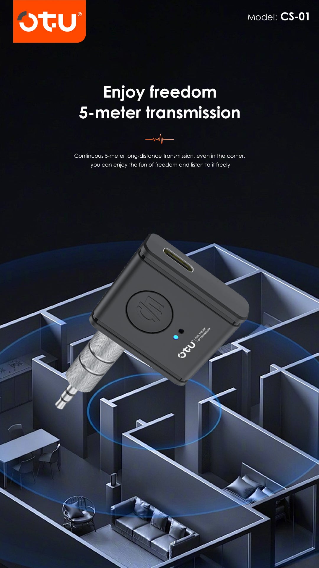 OTU CS01 Bluetooth 5.3 Audio Adapter – Dual Mode Receiver & Transmitter for Car and Home Use