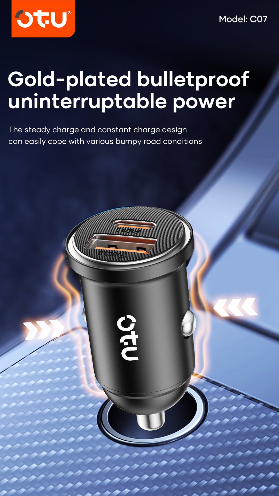 OTU CO7 30W Metal Car Charger – Dual Port USB C & USB A Fast Charger with Smart Chip for Cars & Trucks