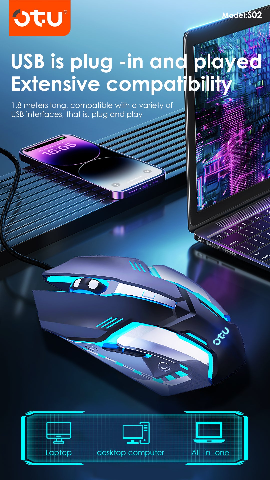OTU S02 Wired Gaming Mouse – 7 Color RGB Breathing Light, 4 DPI Settings, Ergonomic, Silent Click