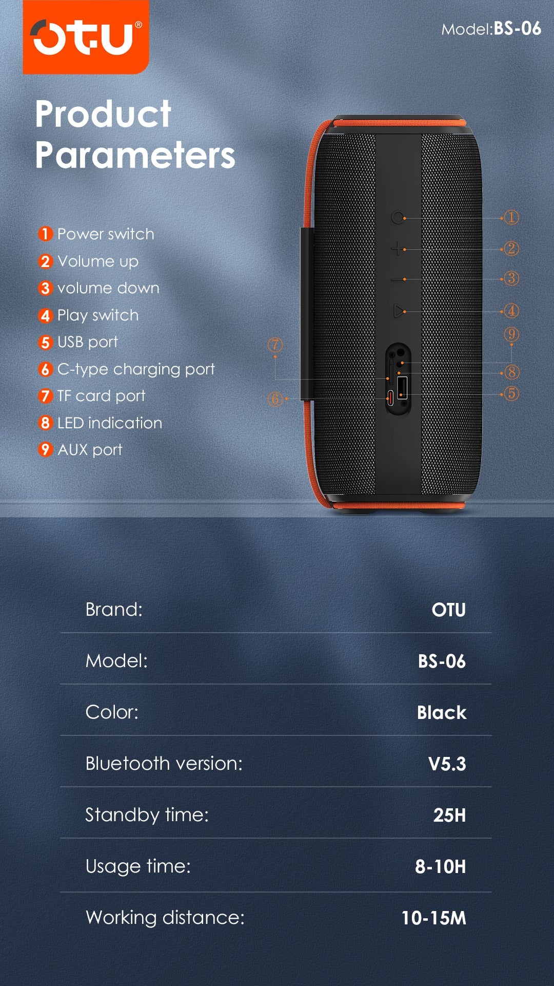 OTU BS-06 Portable Bluetooth Speaker: 25H Playtime, IPX5 Waterproof, 3D Surround Sound, Bluetooth 5.3 for iOS Android