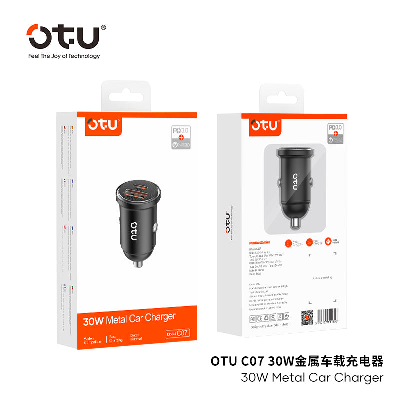 OTU CO7 30W Metal Car Charger – Dual Port USB C & USB A Fast Charger with Smart Chip for Cars & Trucks