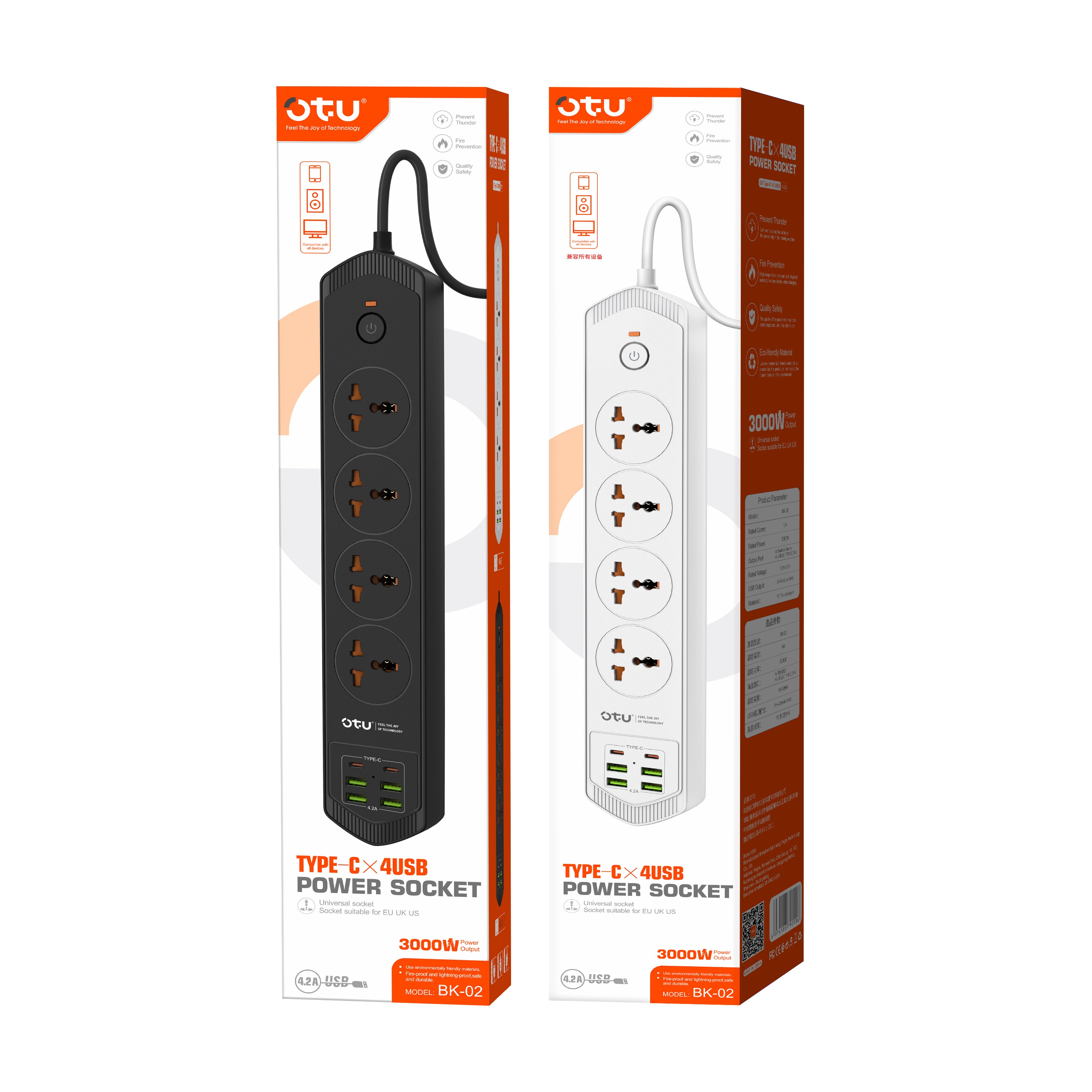 OTU BK02 3000W Power Strip with 2 USB-C PD Ports & 4 USB Ports, Universal International Outlet Travel Adapter